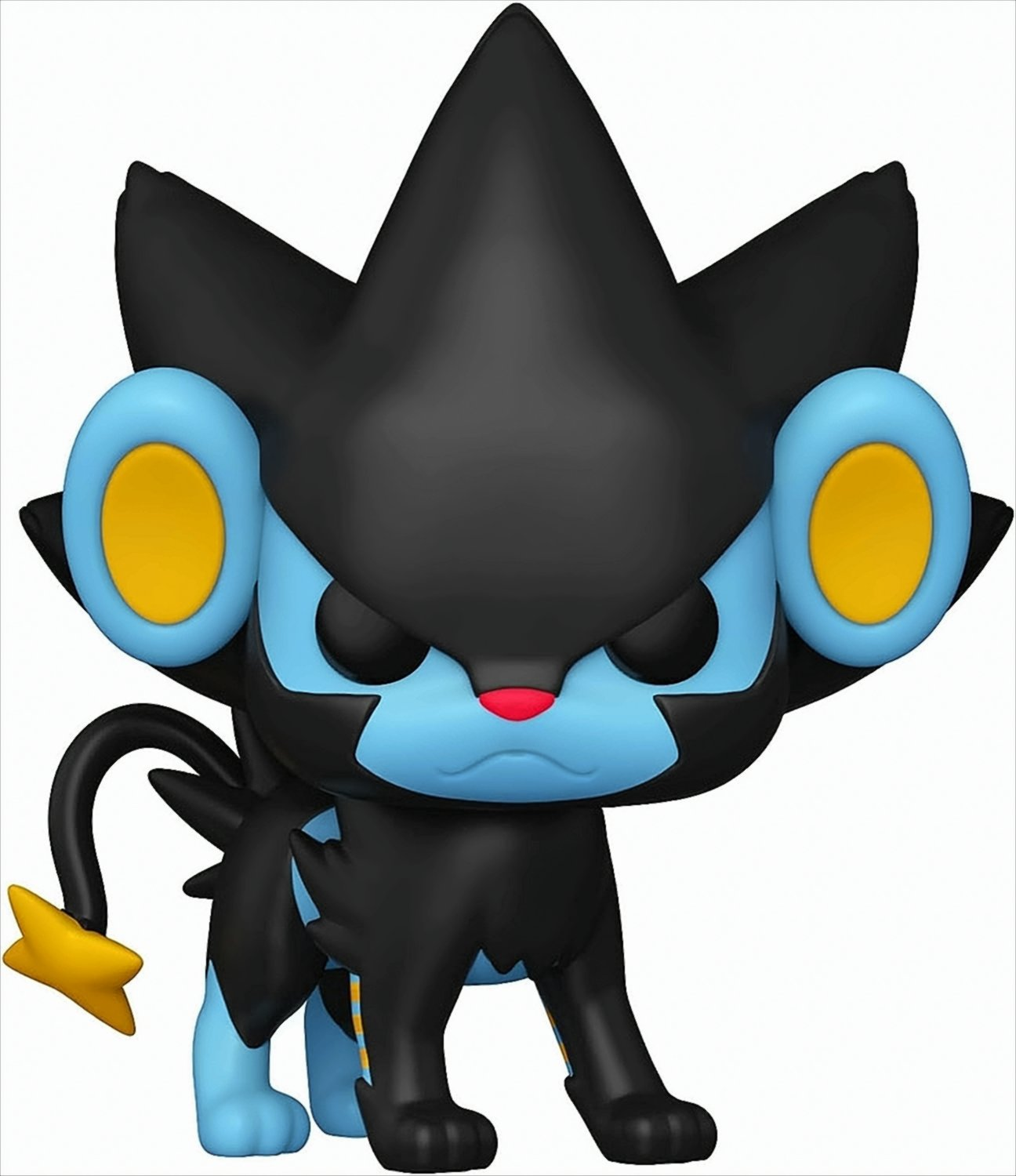 Eine Funko Pop Figur von Luxray, einem schwarz-blauen Pokemon mit gelbem Schwanz und Ohren.