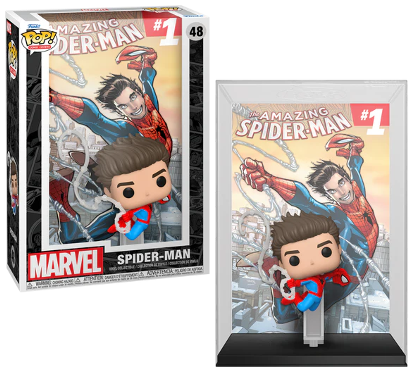 Figura Funko Pop di Spider-Man in vetrina, con copertina di fumetto.