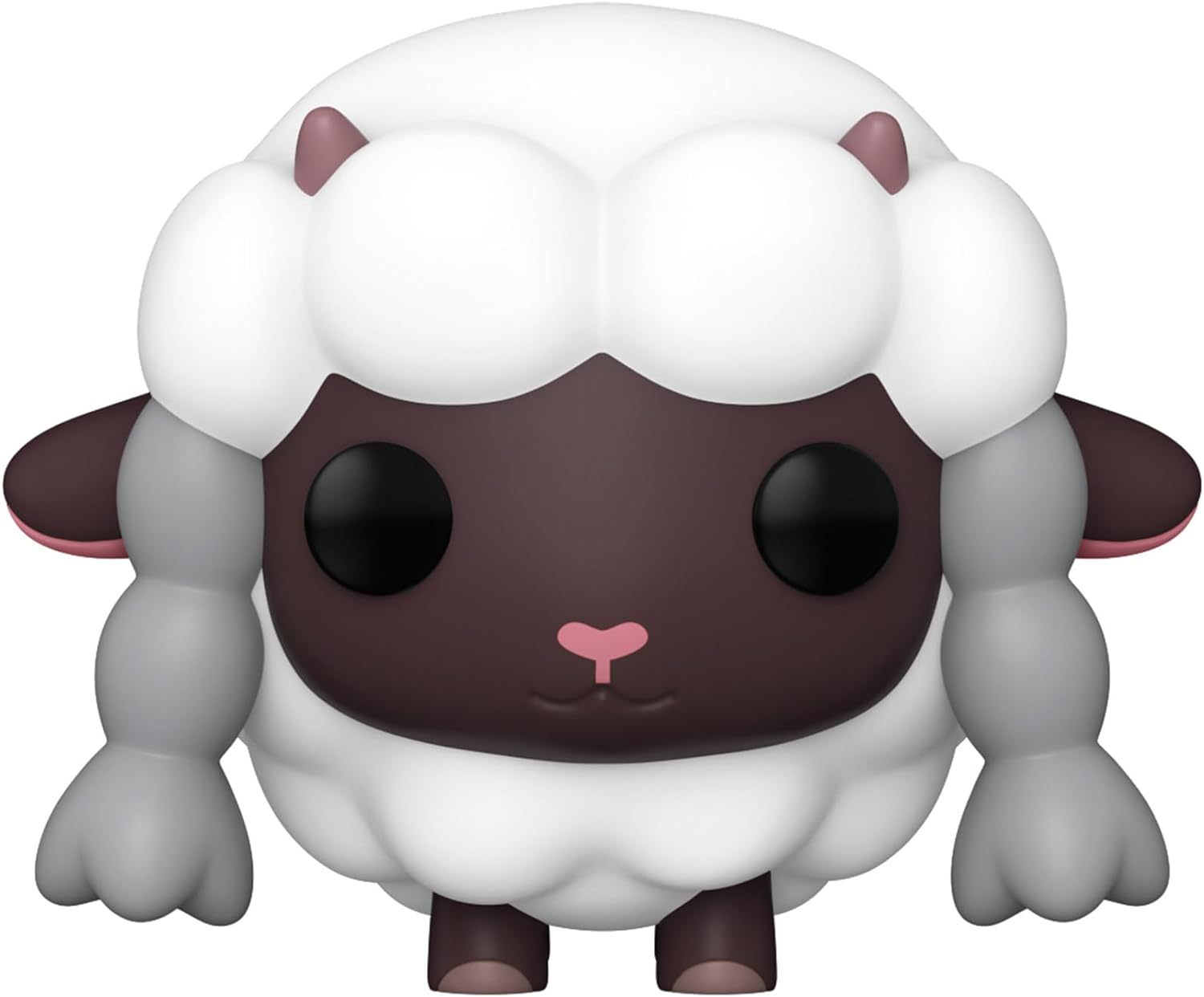 Eine weiße, flauschige Schaf-Figur mit schwarzem Gesicht, Armen und Beinen. Es hat große schwarze Augen.