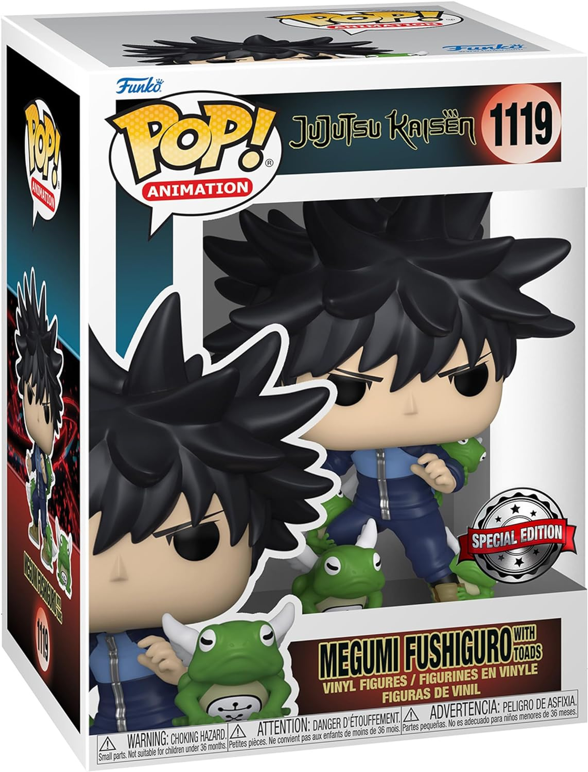 Funko Pop Figur einer Jujutsu Kaisen Figur, in einer Box. Die Box zeigt die Figur und Frösche.