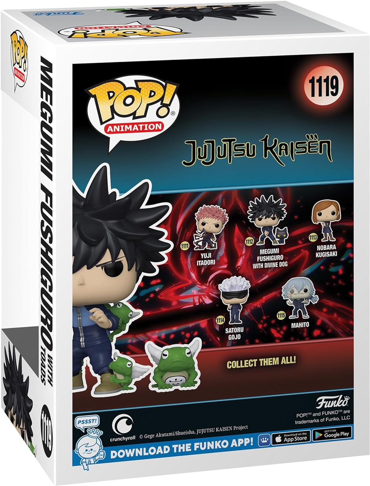 Eine Funko Pop-Box mit Megumi Fushiguro mit Kröten und anderen Charakteren. Der Hintergrund ist rot.