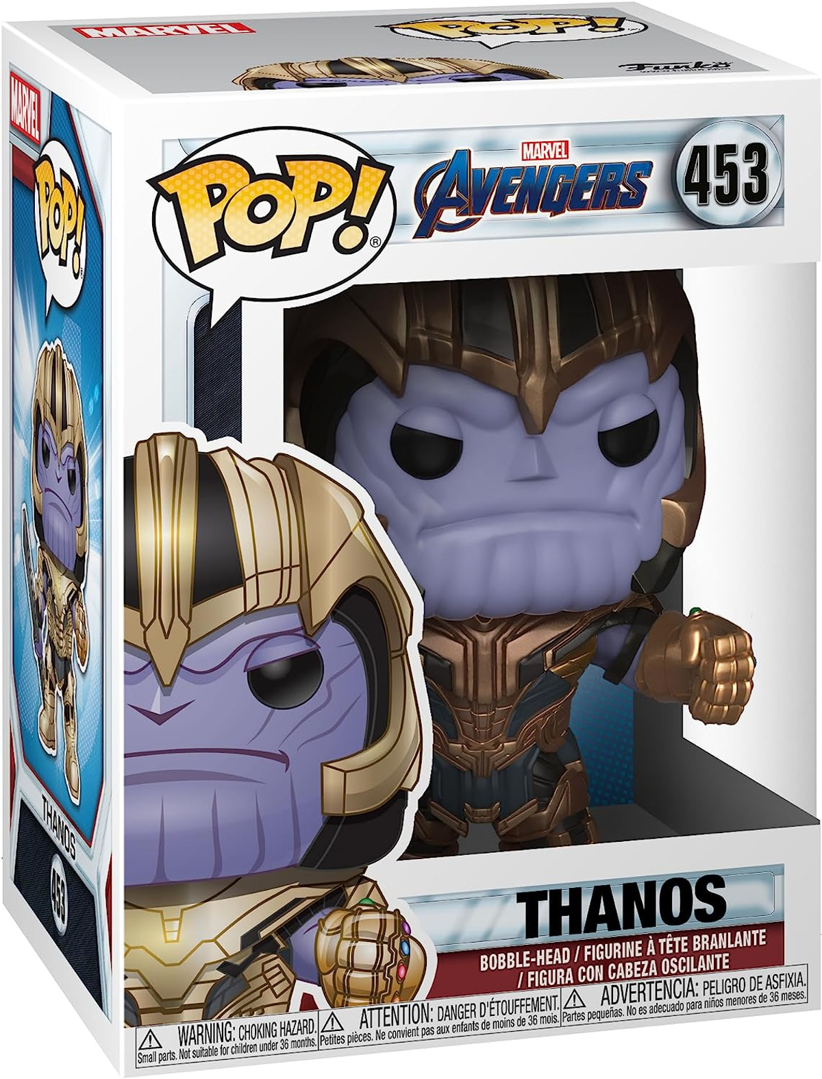 Scatola Funko Pop con Thanos del film Avengers. La figura di Thanos è visibile nella scatola, con dettagli.