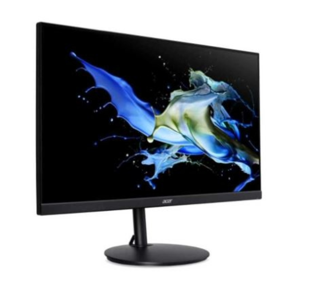 Un monitor per computer nero con uno spruzzo di vernice blu e verde su sfondo nero.