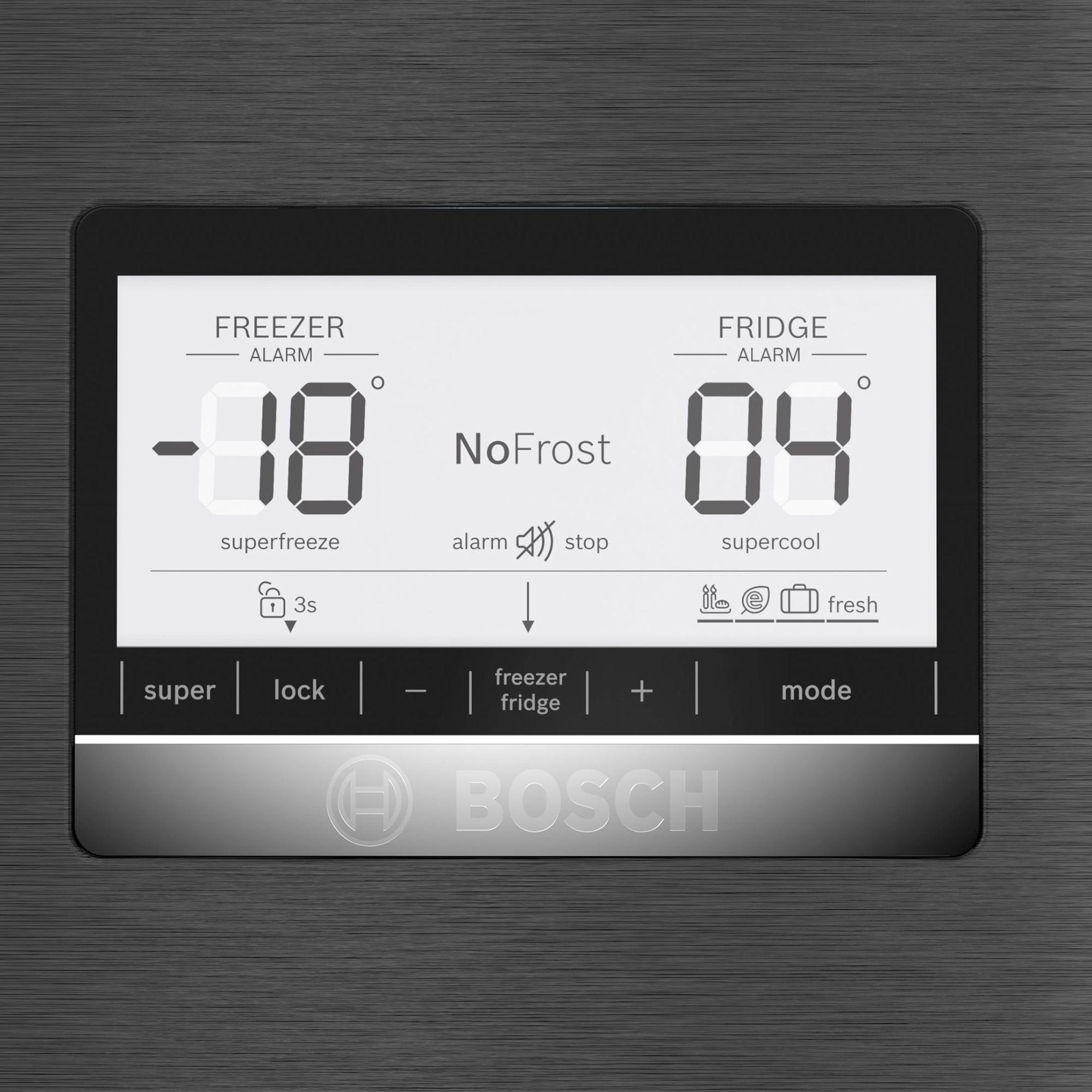 Ein Kühlschrank-Bedienfeld mit Temperatureinstellungen für Gefrierschrank und Kühlschrank, mit Optionen.