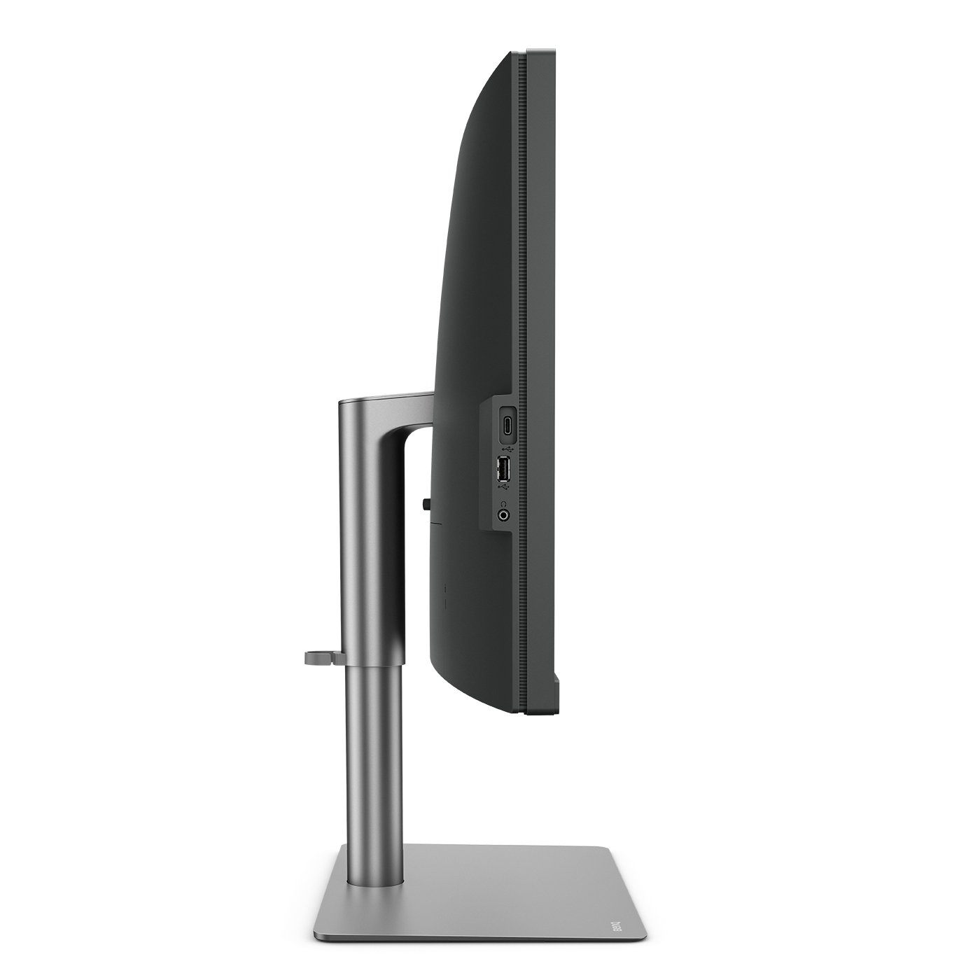 Side view of a gray monitor on a stand. The monitor has a sleek design.