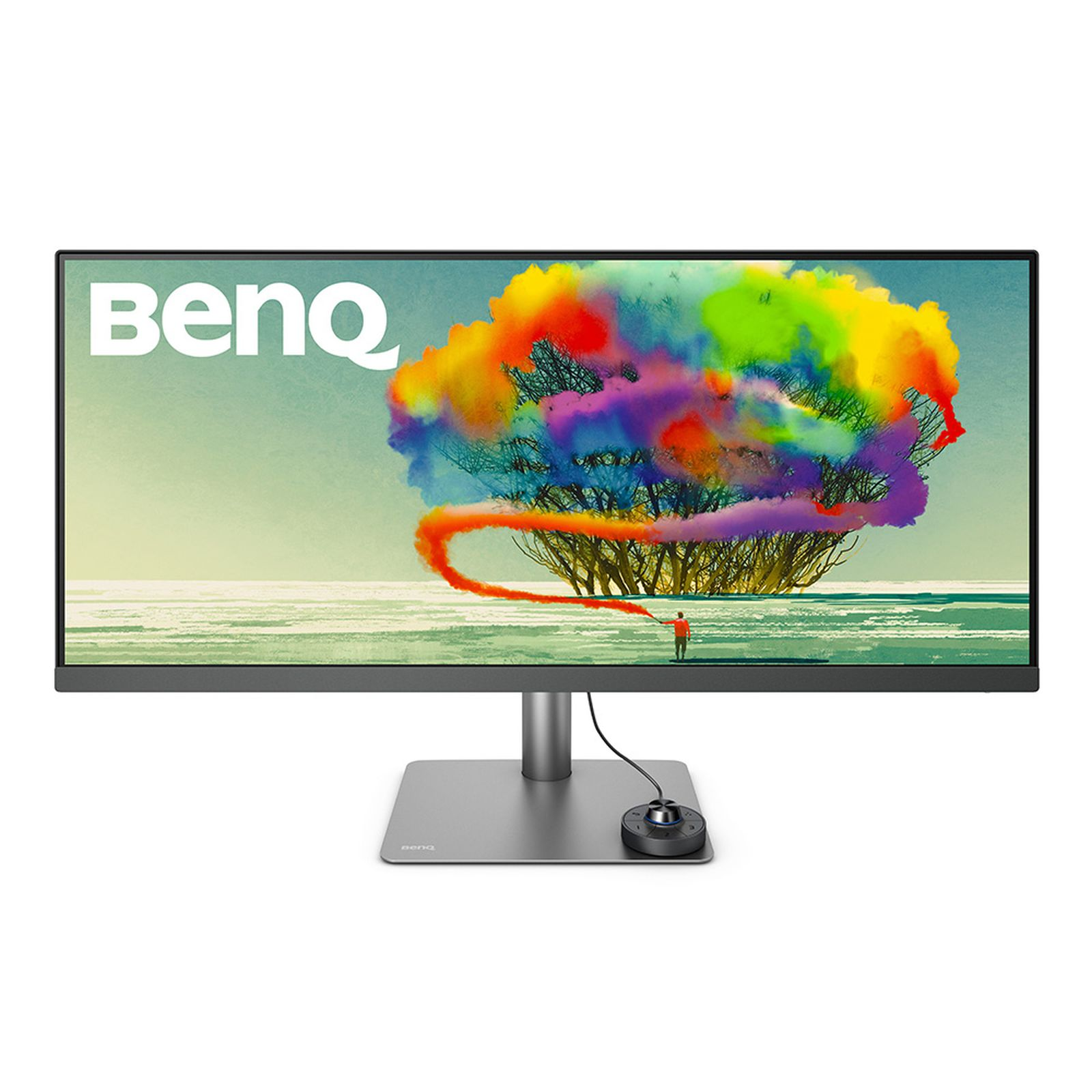 BenQ monitor with a colorful painting-like background. A person stands below it. Gray base.