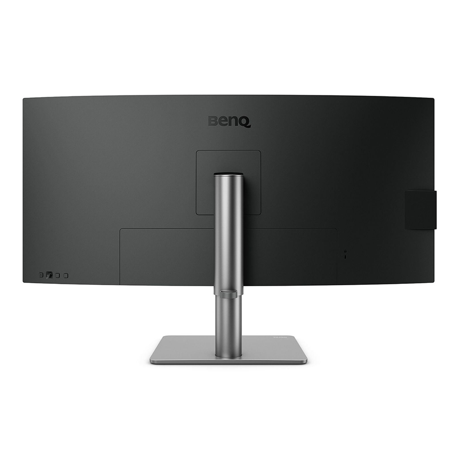 A curved monitor's back is displayed. A silver stand supports the black screen.