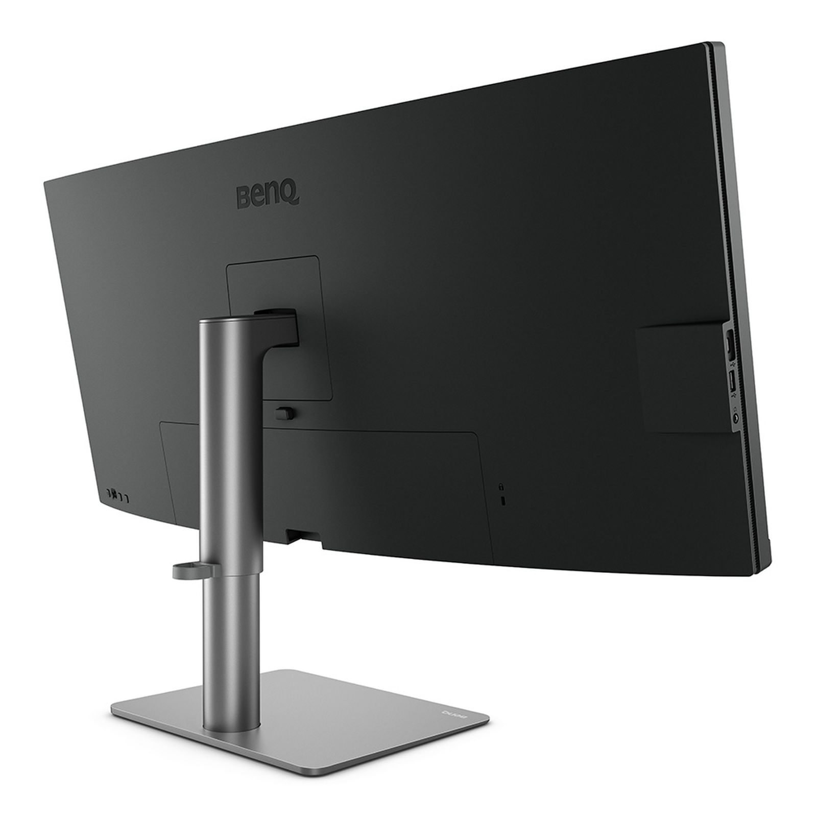 Rear view of a black BenQ monitor with a silver stand, showing ports and design.
