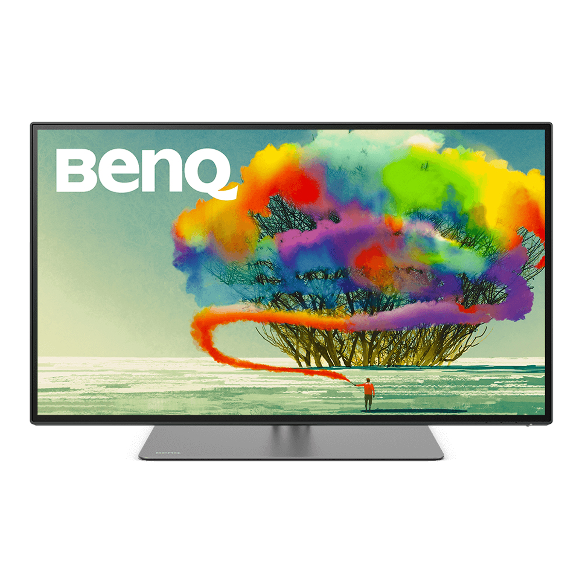 Monitor BenQ wyświetla kolorowe dzieło sztuki przedstawiające drzewo z osobą malującą strumień.