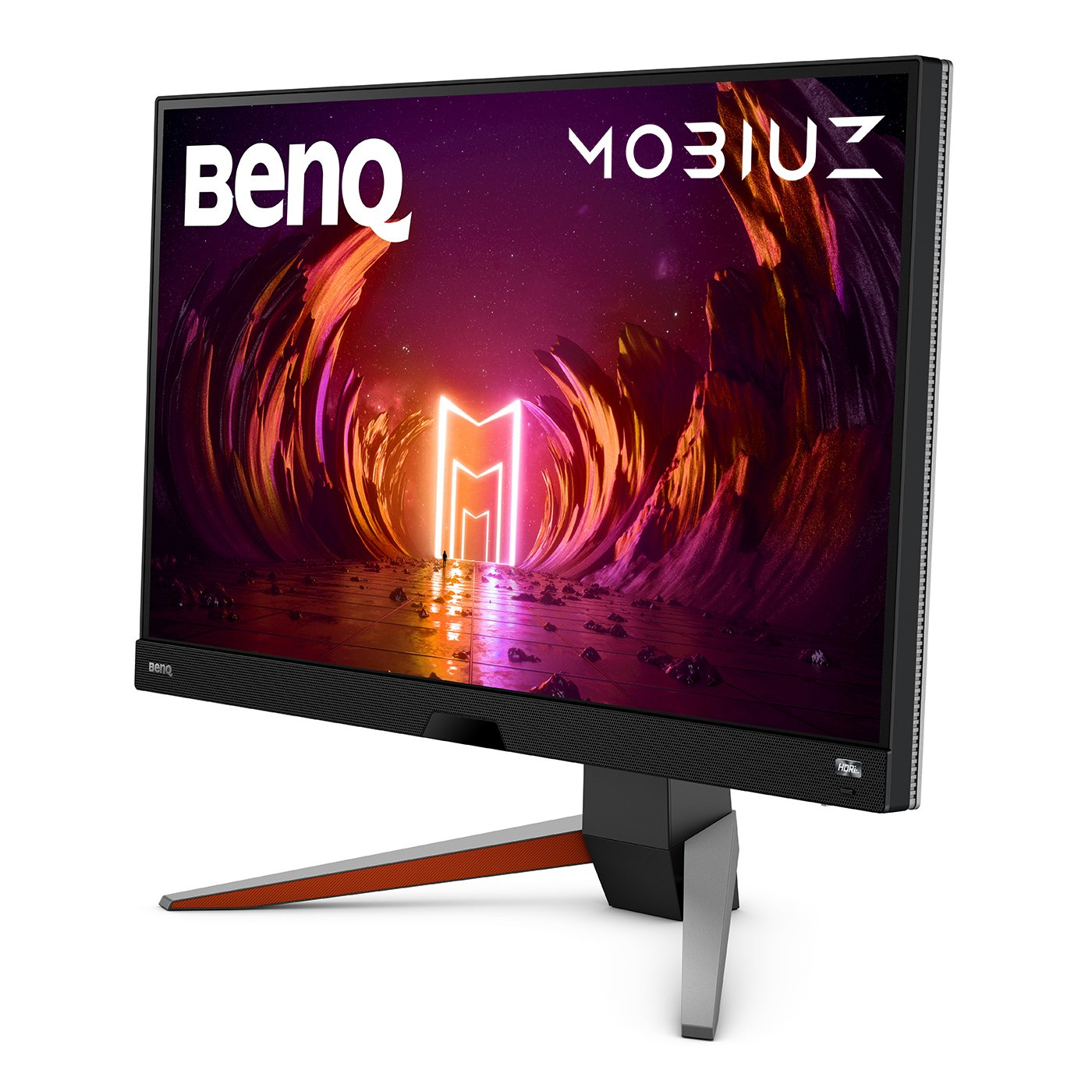 Monitor BenQ MOBIUZ. Czarna ramka, pomarańczowa podstawa i kolorowy wyświetlacz z logo. Białe tło.