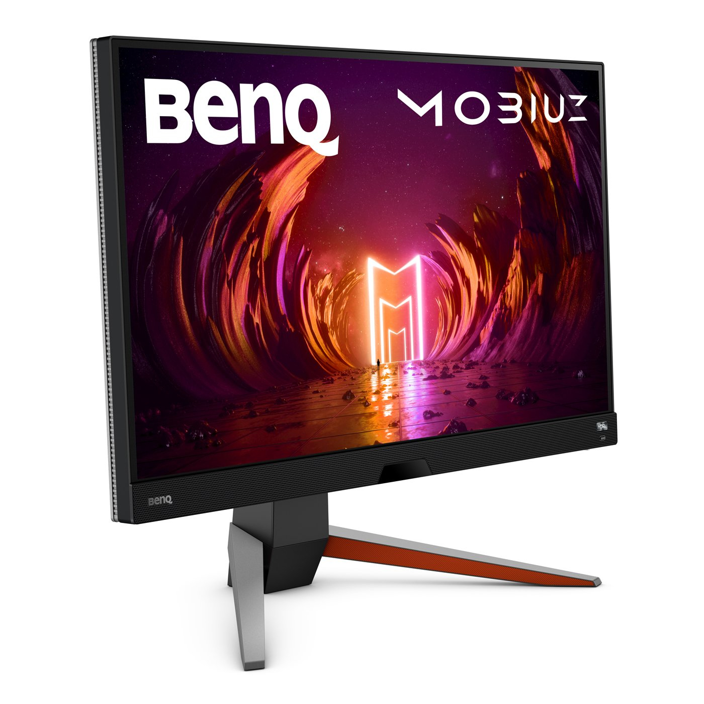 Monitor do gier BenQ MOBIUZ na stojaku, z kolorowym, abstrakcyjnym tłem na białej powierzchni.