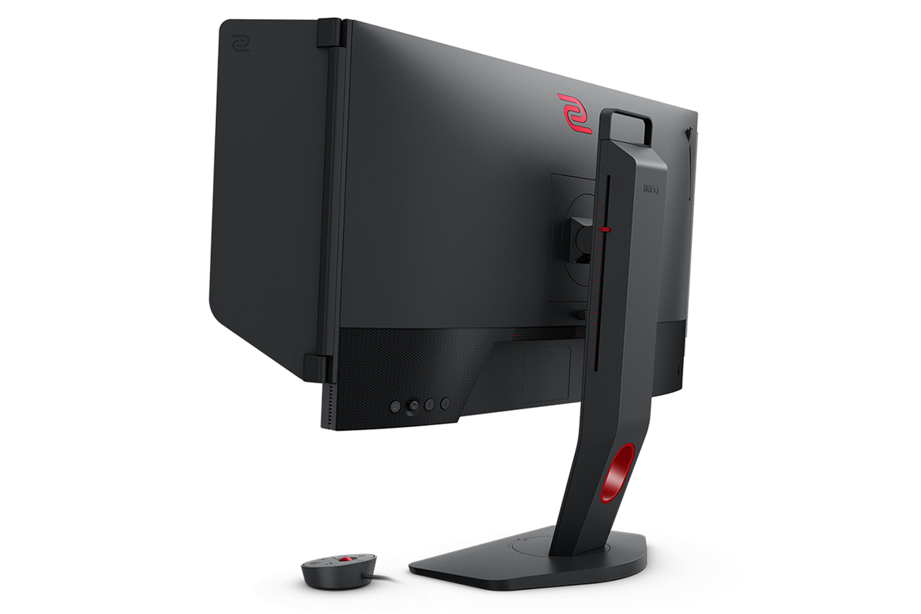 Un monitor da gioco nero con supporto rosso e telecomando.