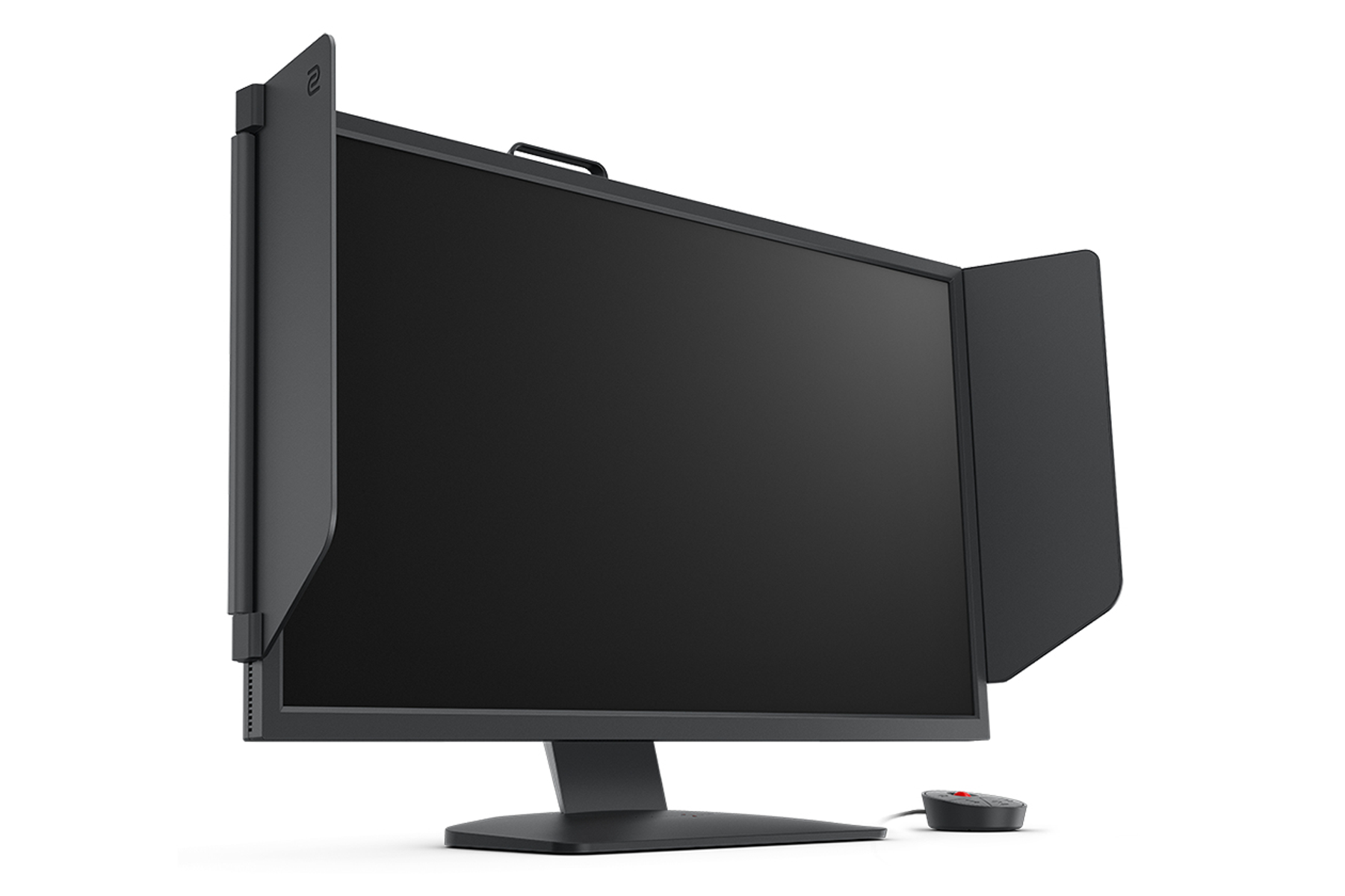 Un monitor per computer nero con visiere laterali e un mouse rosso, il tutto su sfondo bianco.