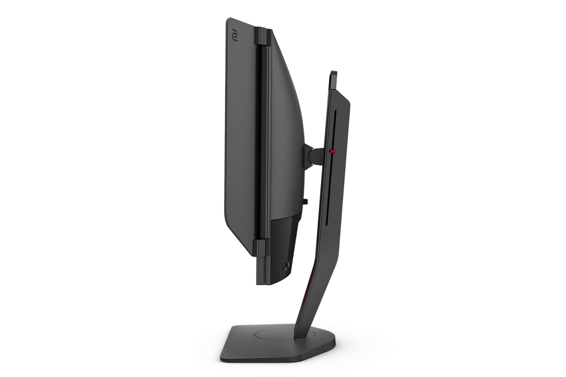 Vista laterale di un monitor nero con un accento rosso. È su sfondo bianco.