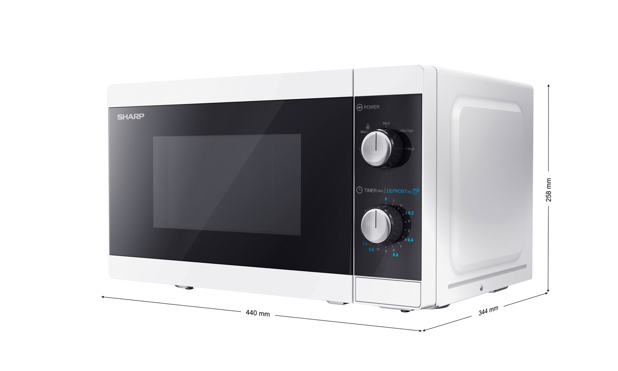 Witte Sharp magnetron met zwarte deur en bedieningspaneel, afmetingen in mm.
