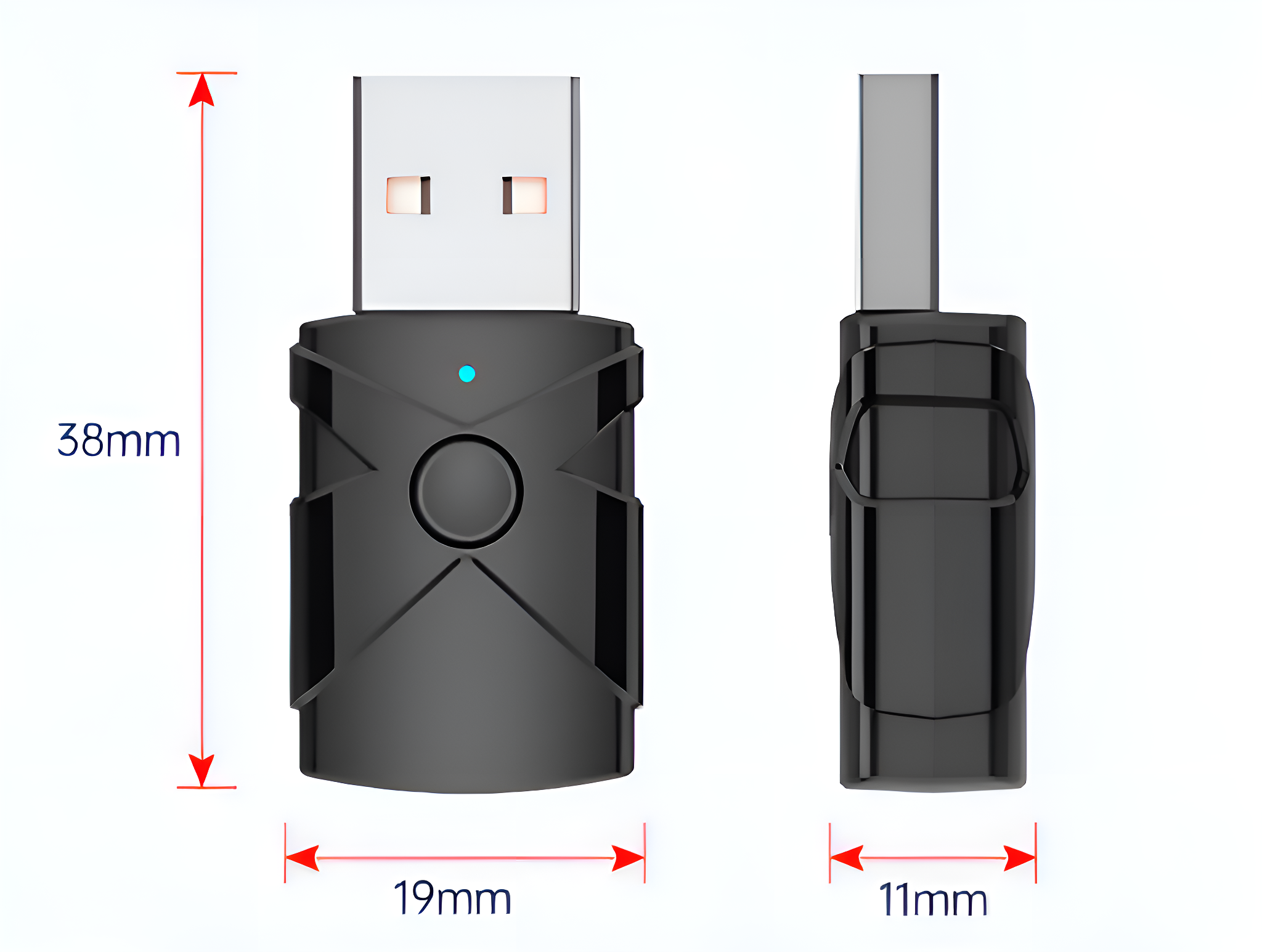 Zwei schwarze USB-Bluetooth-Adapter. Abmessungen werden angezeigt: 38 mm x 19 mm x 11 mm. Ein blaues Licht ist sichtbar.