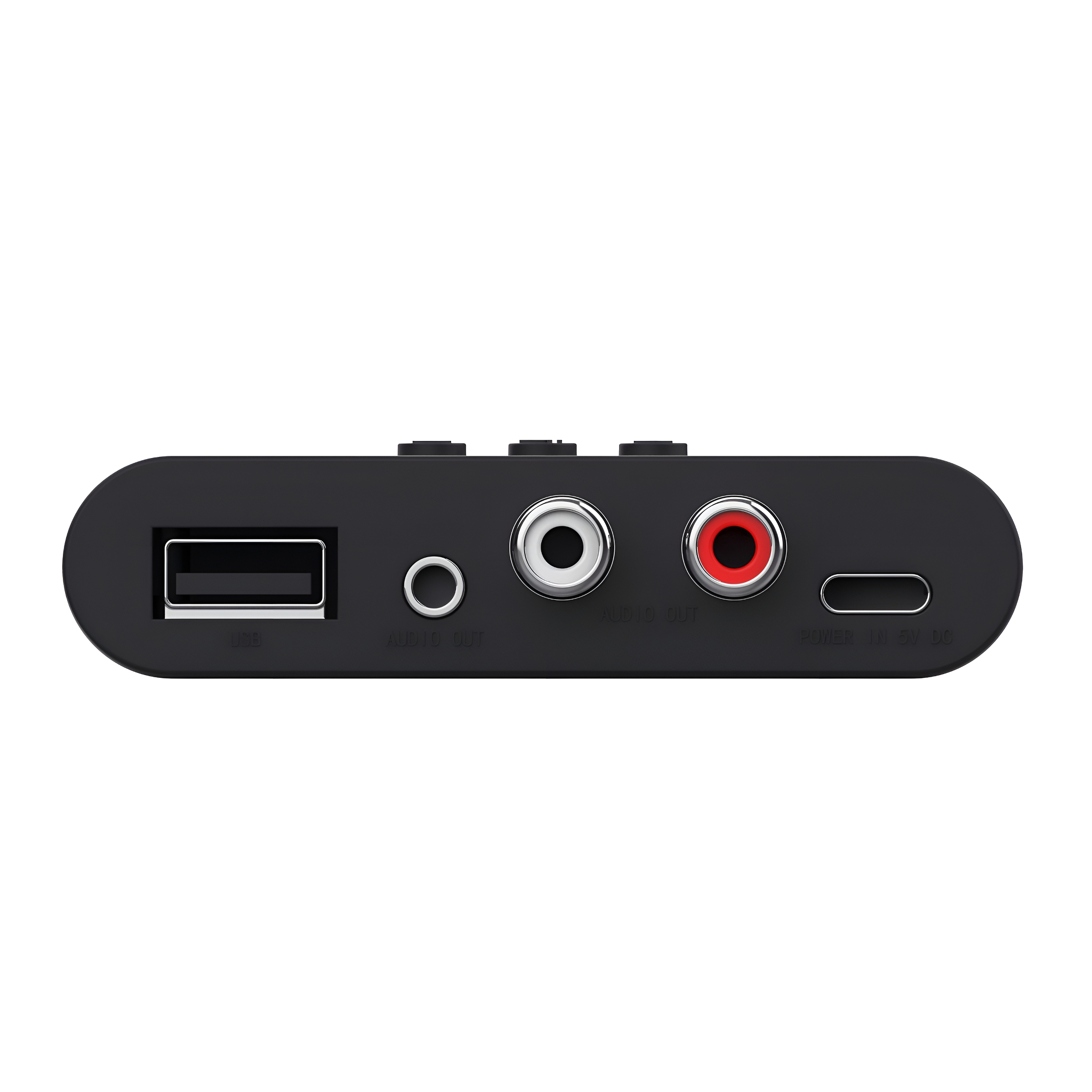 Schwarzer Audioadapter mit USB-, Audio-Ein-/Ausgängen und Strom-/DC-Eingängen. Weißer Hintergrund.