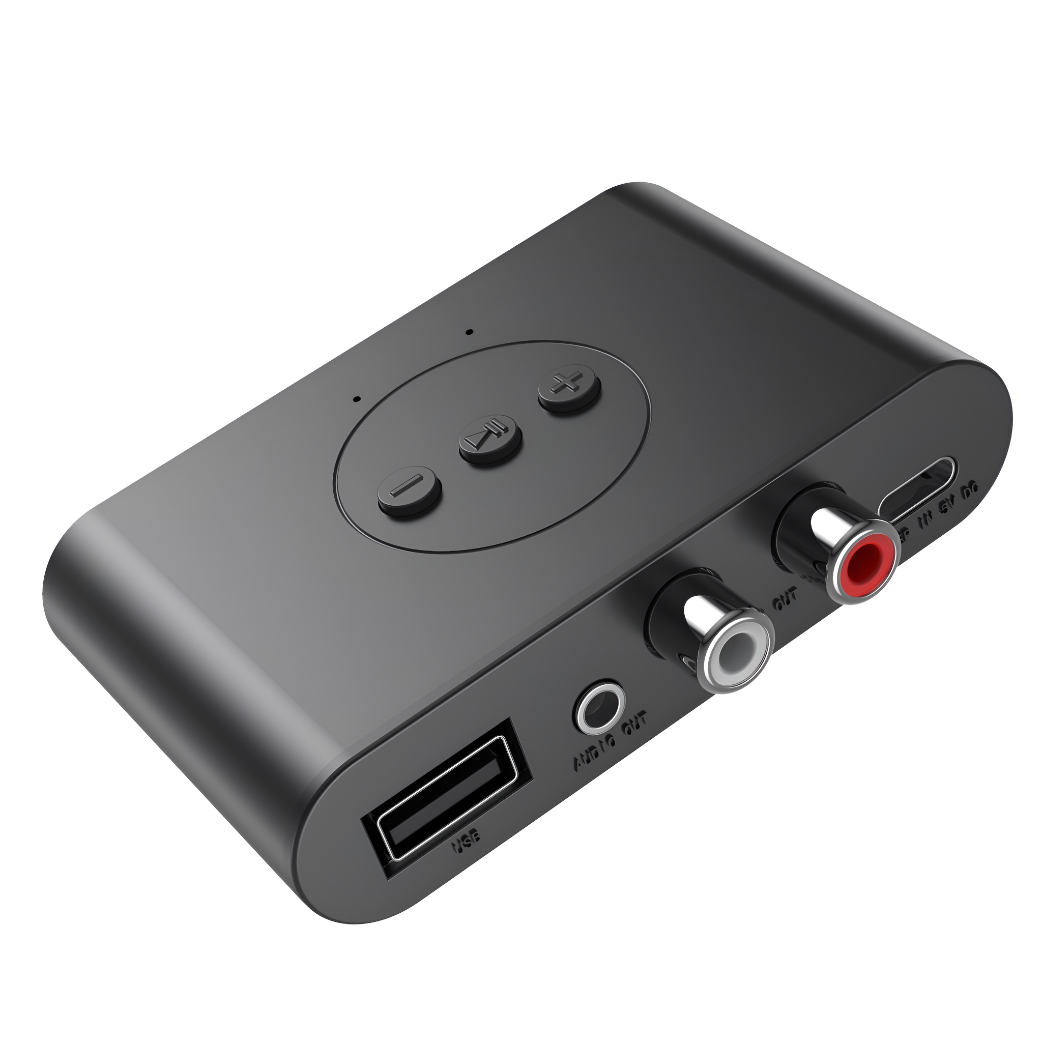 Ein kleines schwarzes Bluetooth-Empfangsgerät mit Knöpfen, Anschlüssen und einem USB-Anschluss.