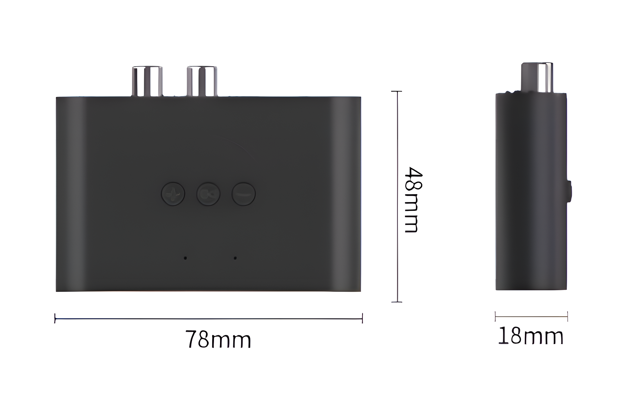 Schwarzer Audio-Empfänger mit Maßen: 78 mm Länge, 48 mm Höhe, 18 mm Breite.