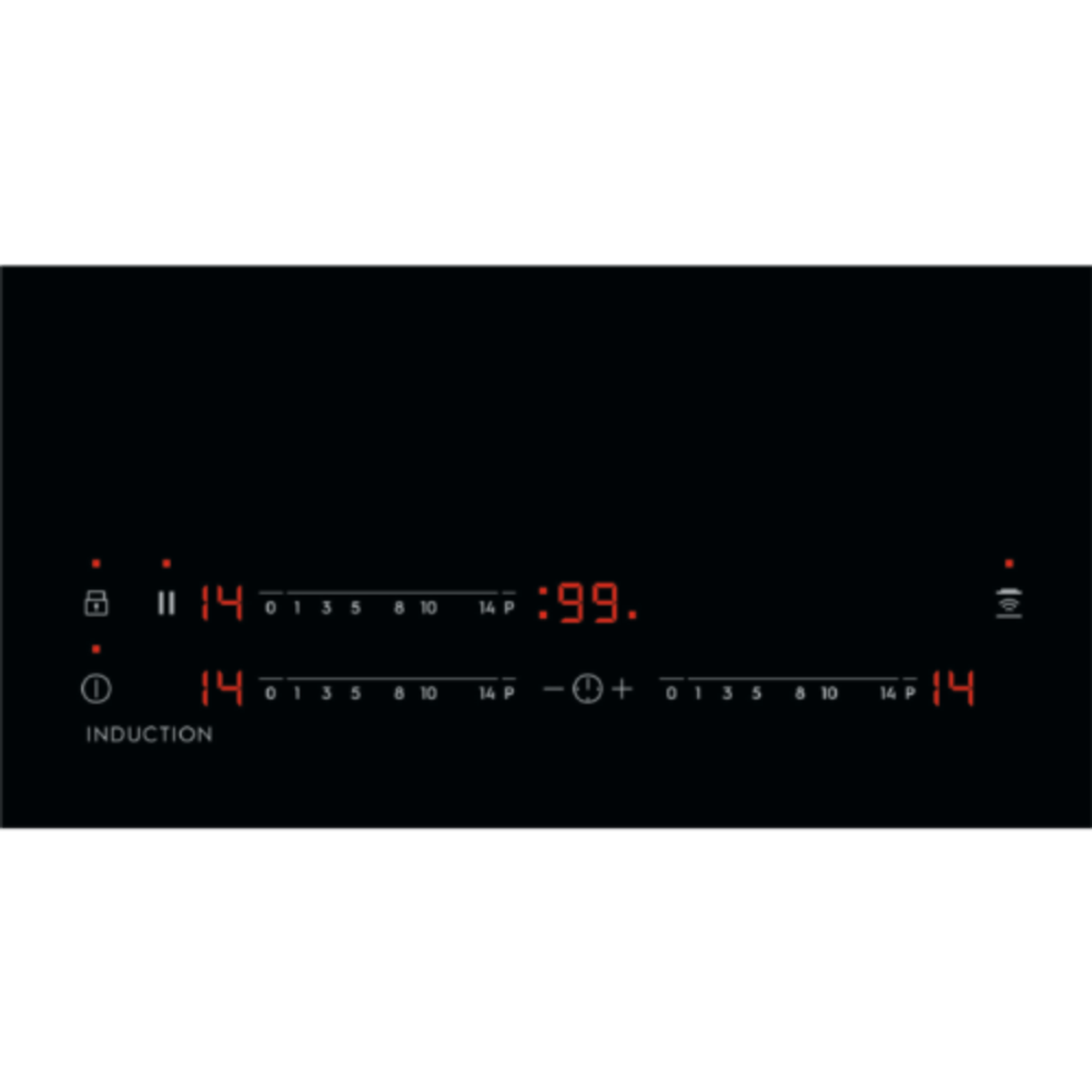 Placa de inducción negra con números y símbolos rojos iluminados. La pantalla muestra ajustes y bloqueo.
