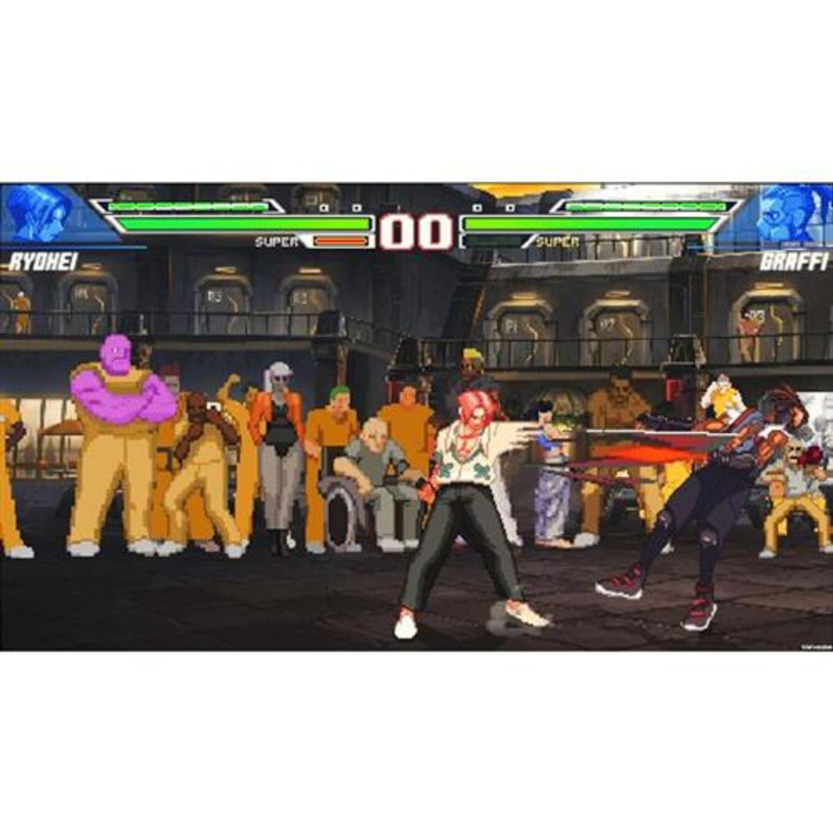 Scena z pikselowanej gry walki z wieloma postaciami na tle miasta.