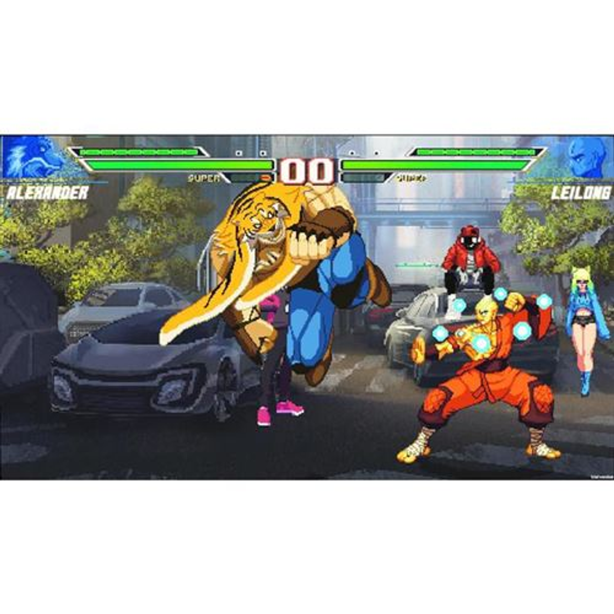 Scena z gry wideo z walczącymi postaciami na ulicy. Samochody są w tle.