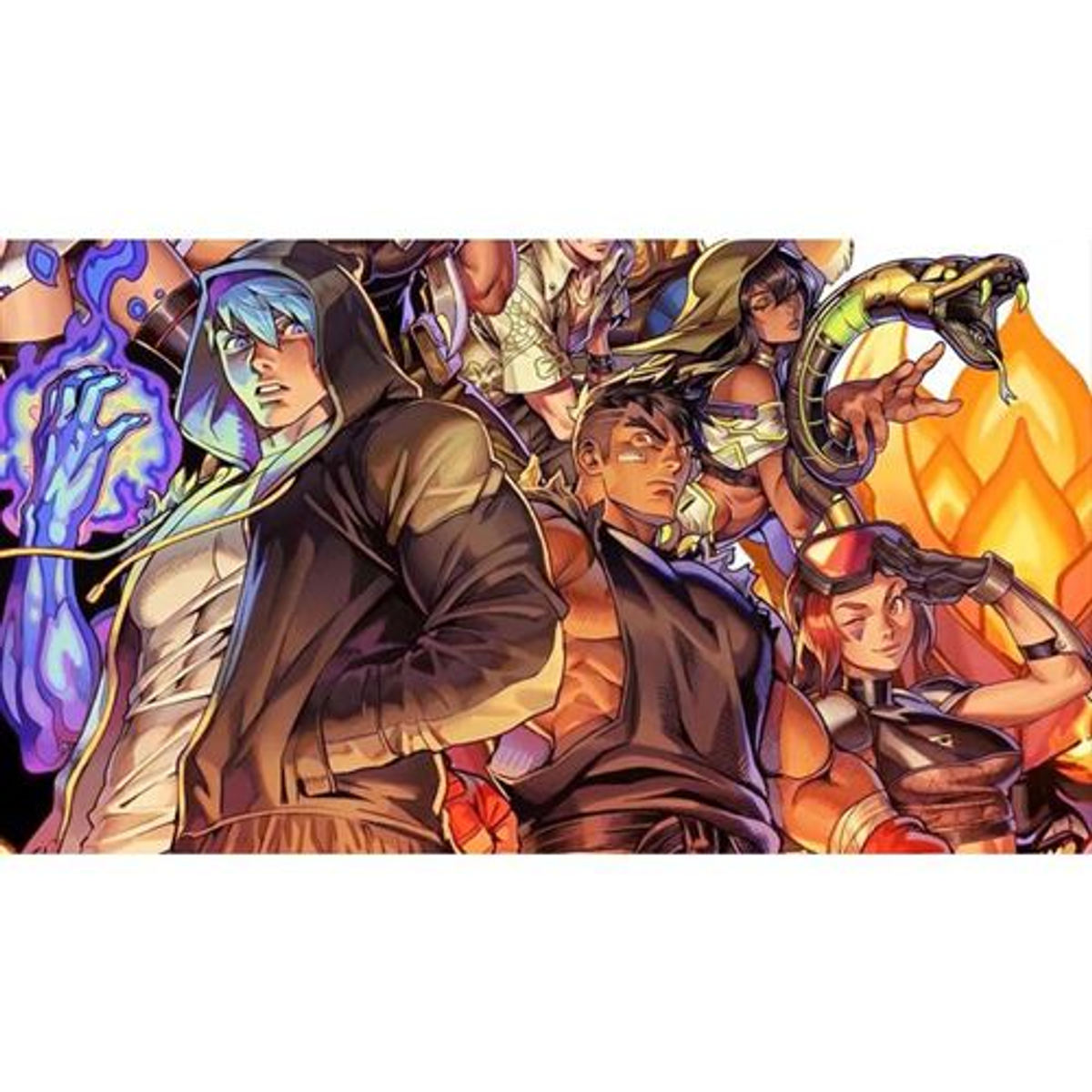 Komiksowa ilustracja różnorodnych postaci w akcji.