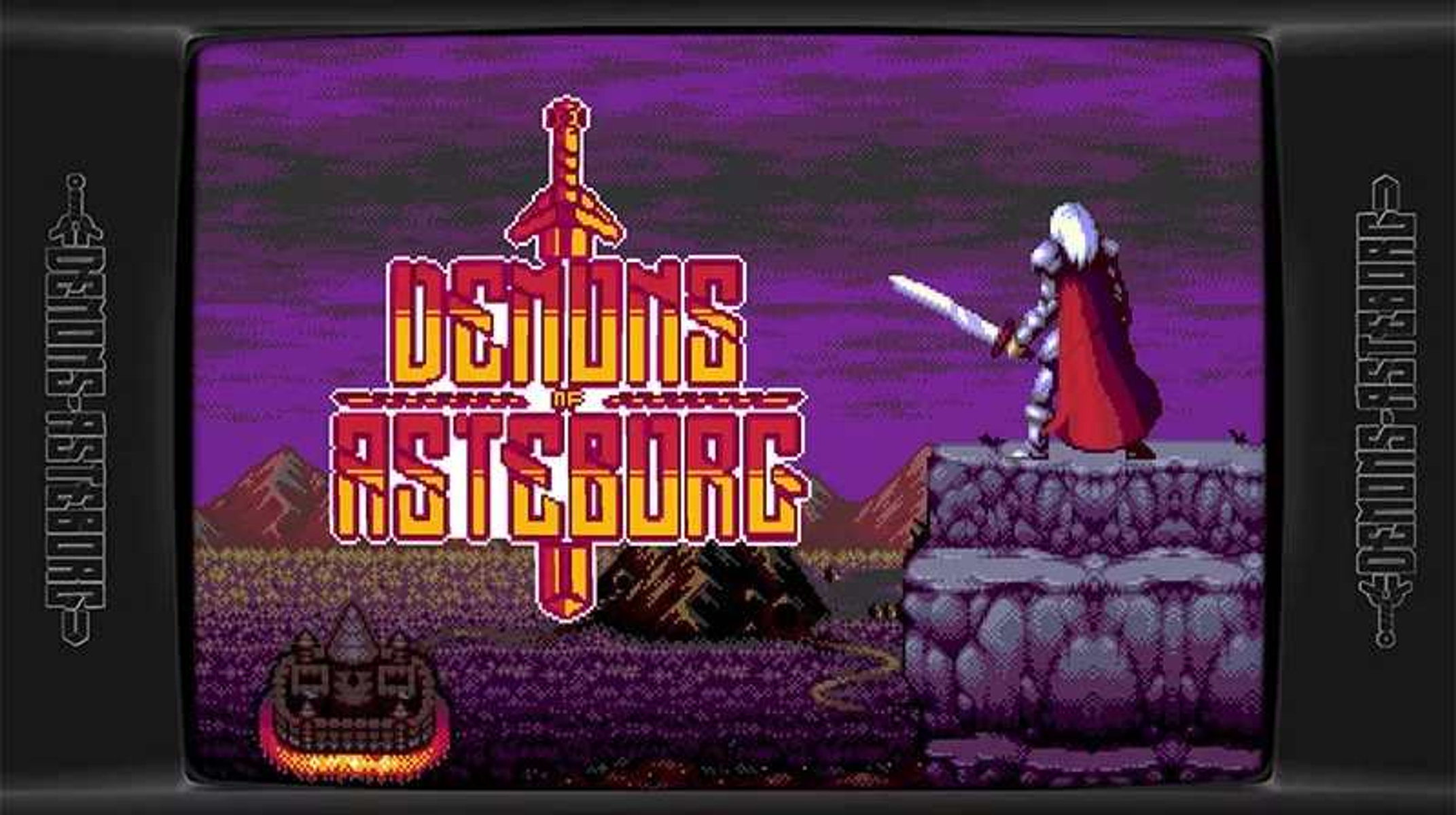 Pantalla de juego arcade retro que muestra el título del juego y un caballero.