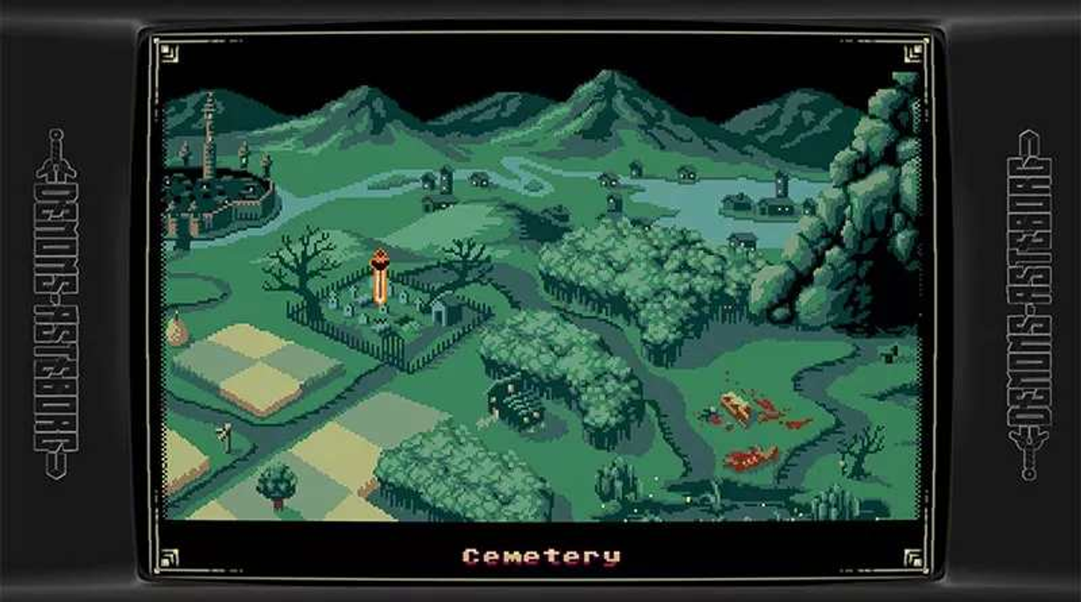 Una escena de juego pixelada muestra un cementerio, con un cementerio, edificios, árboles y una carretera sinuosa.