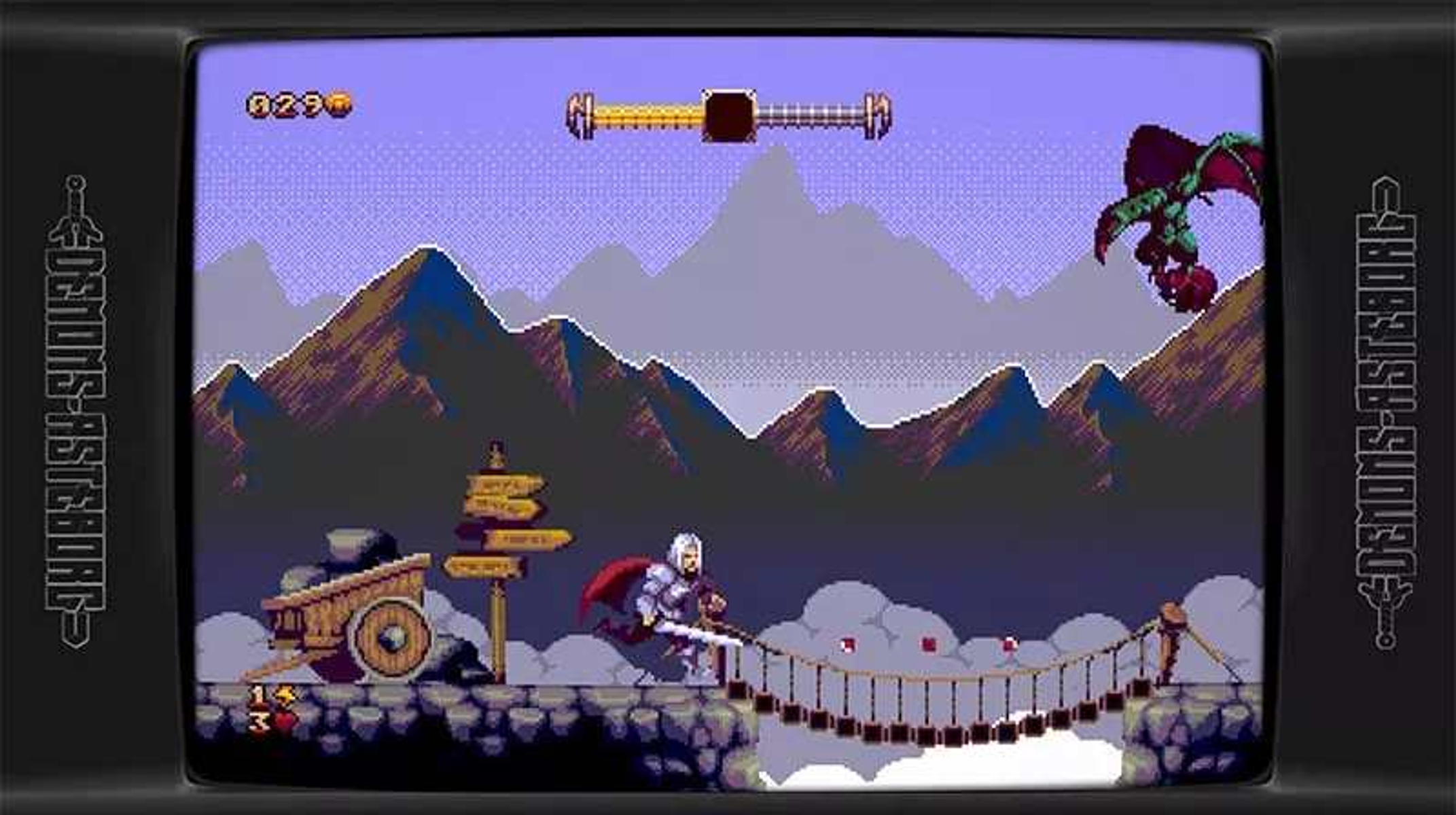Una escena de videojuego retro. Un caballero en un puente lucha contra un dragón y un monstruo.