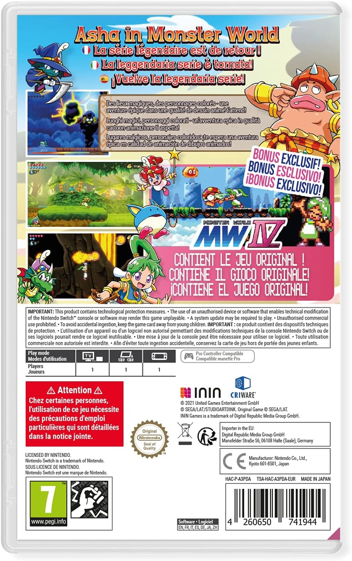 Tył pudełka z grą wideo ze zrzutami ekranu z gry i tekstem w wielu językach.