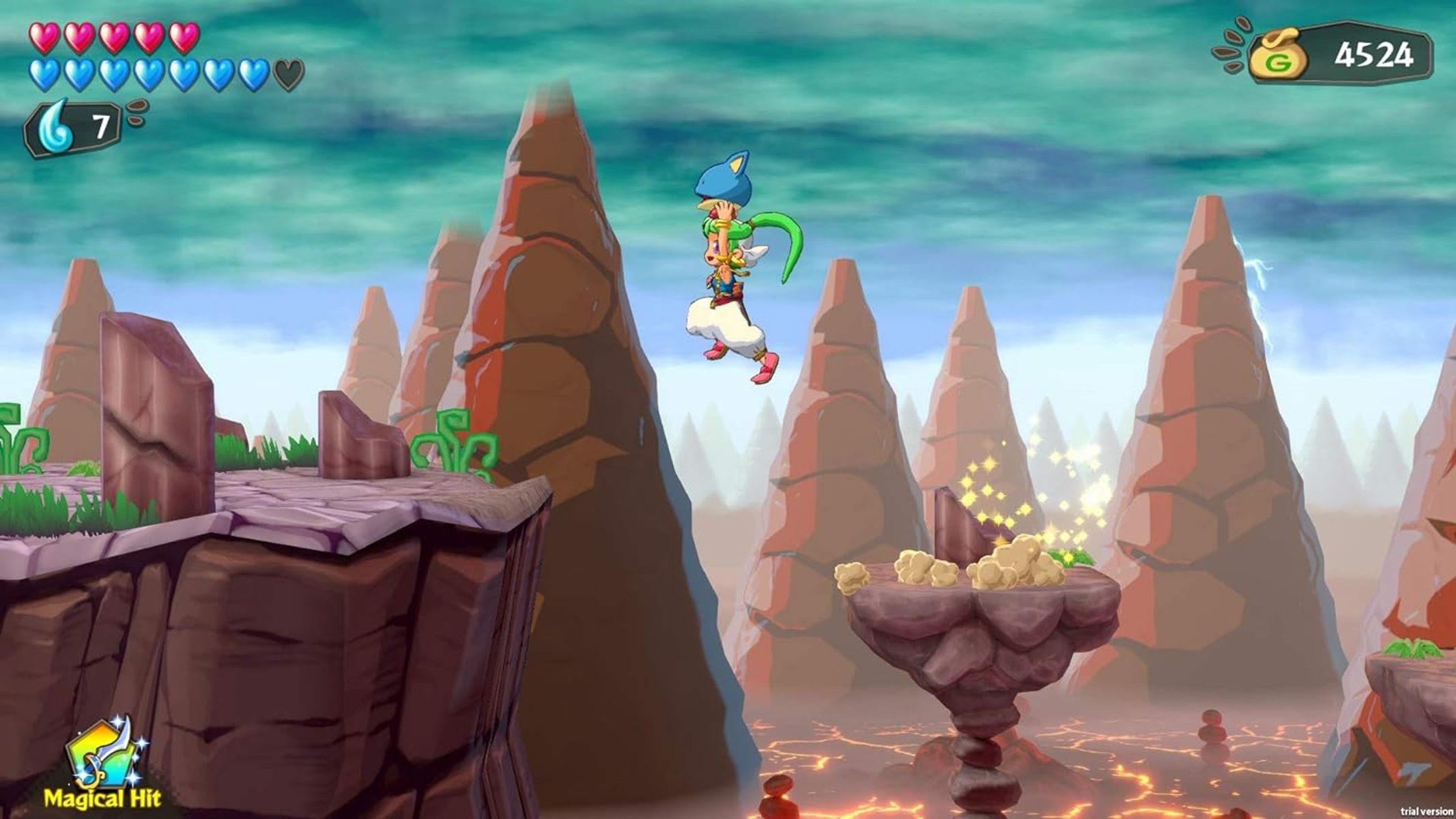 Postać z kreskówki skacząca w kolorowym, fantastycznym krajobrazie z pływającymi platformami.