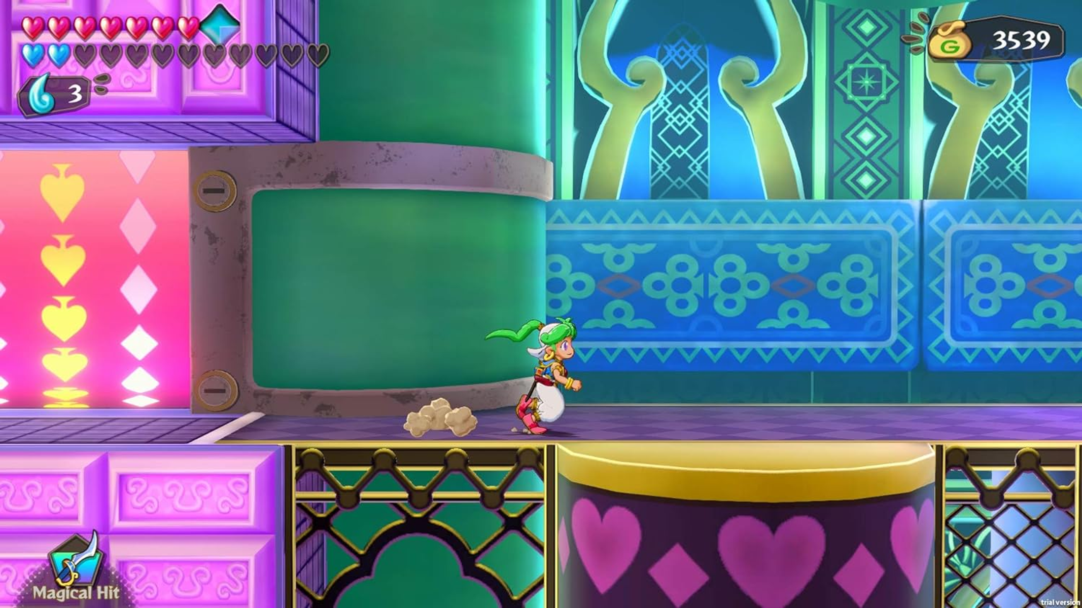 Scena z gry wideo. Postać biegnie w kolorowym otoczeniu, z sercami i klejnotami.