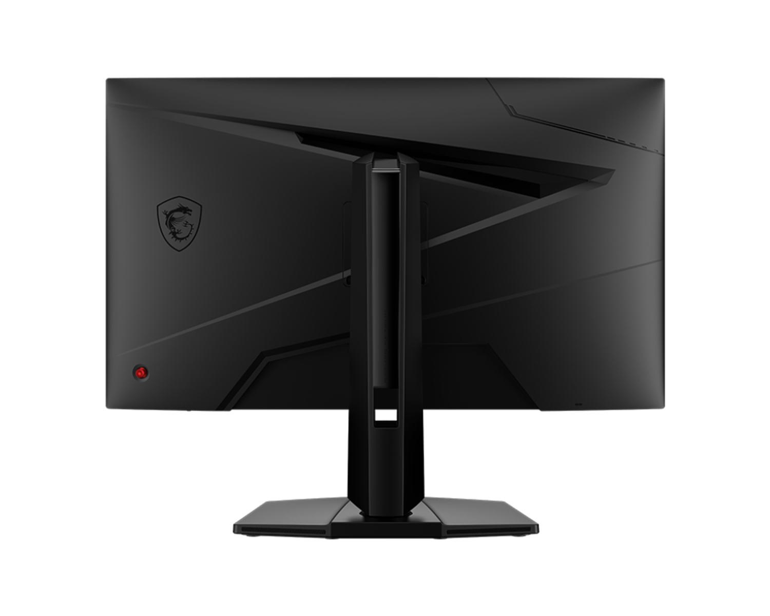 Monitor gaming MSI, vista trasera. Negro, con logo MSI y luz roja de encendido. Fondo negro.