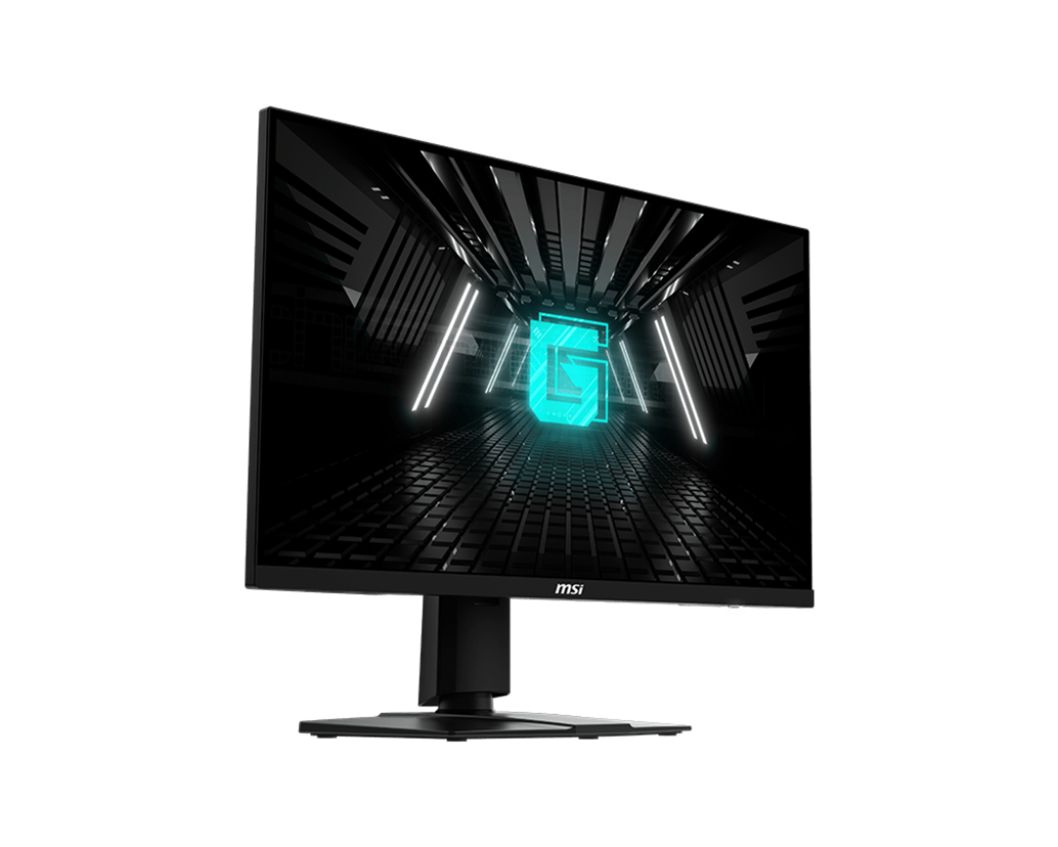 Un monitor del computer nero è mostrato su uno sfondo bianco. Il monitor mostra un logo e un design.