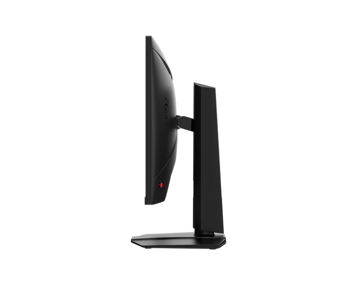 Vista laterale di un monitor per computer nero, con una luce di alimentazione rossa e uno sfondo nero.