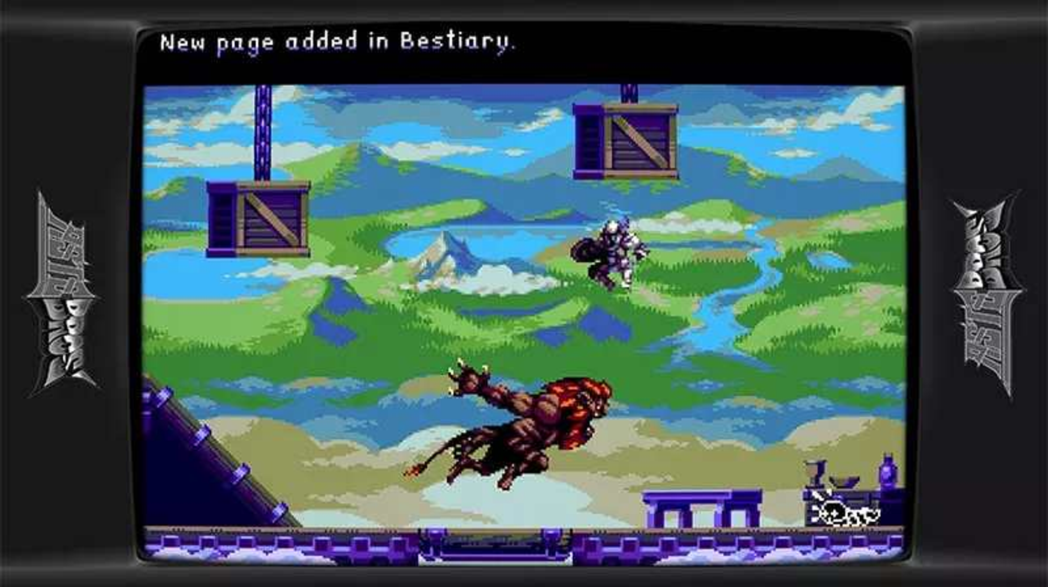 Una scena di gioco retrò. Un personaggio combatte contro mostri in un ambiente pixelato.