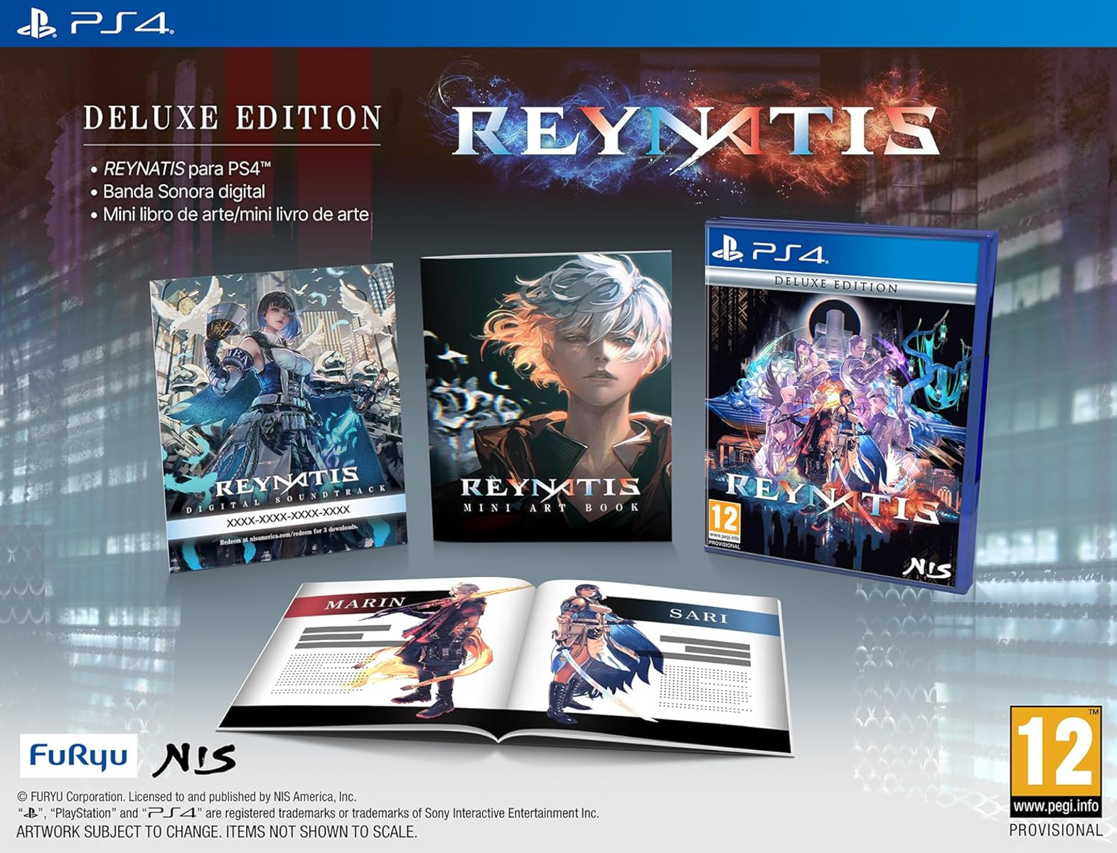 Caja de juego para Reyntis Deluxe Edition con juego, banda sonora y artbook, sobre un fondo colorido.