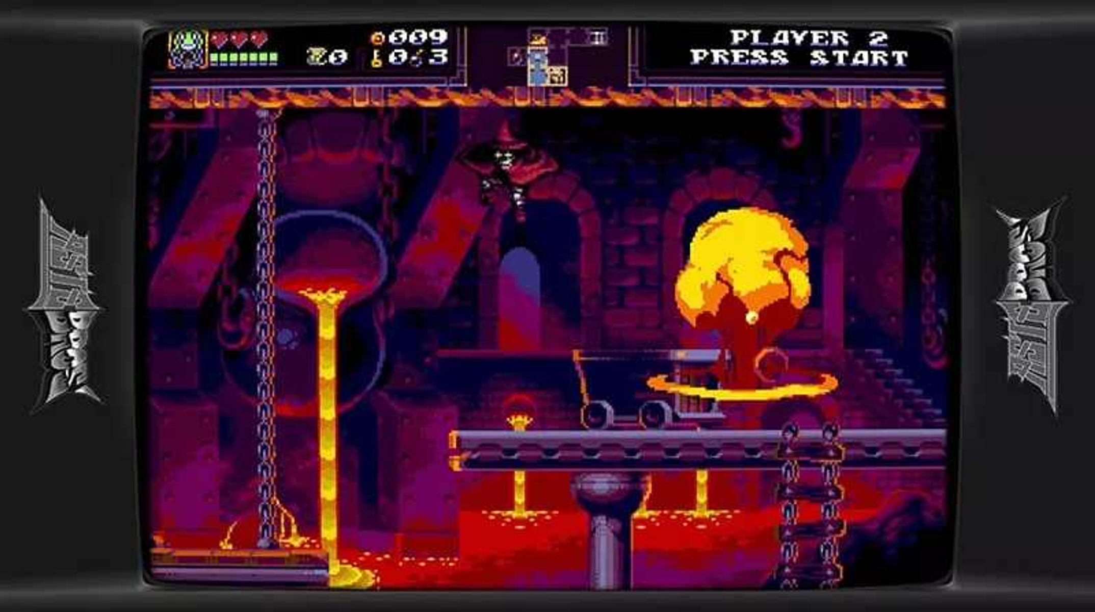 Schermo di un videogioco retrò. La lava scorre mentre un personaggio è sulla piattaforma.