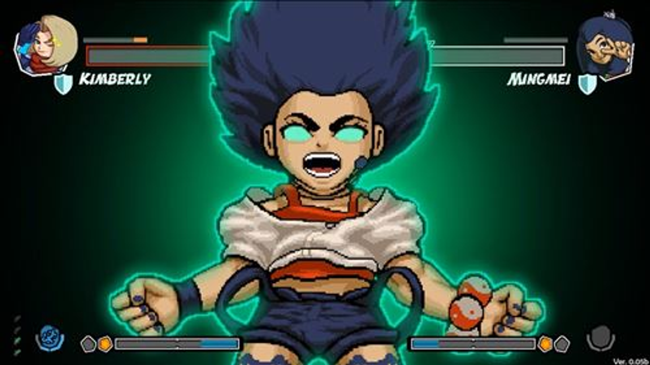Pantalla de juego de lucha pixelada. Un personaje con cabello azul está brillando.