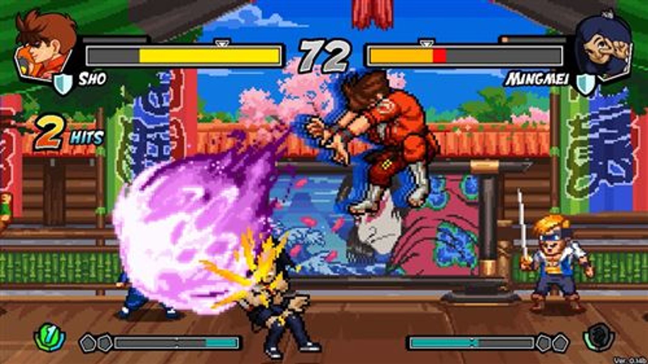 Escena de un juego de lucha. Dos personajes luchan, con barras de salud. El fondo es un escenario japonés.