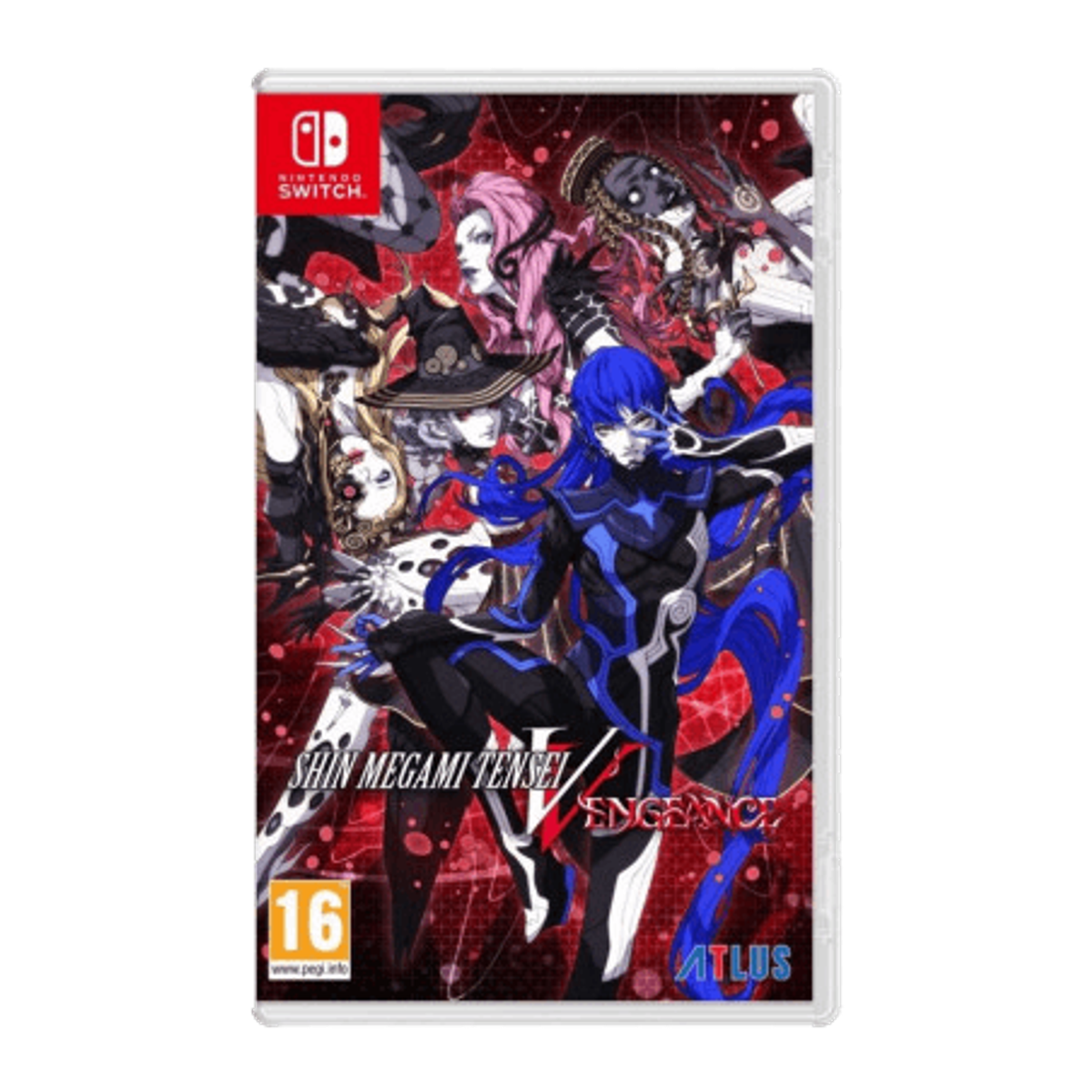 Una caja de videojuego con personajes de anime. El título dice 'Shin Megami Tensei V: Vengeance'.
