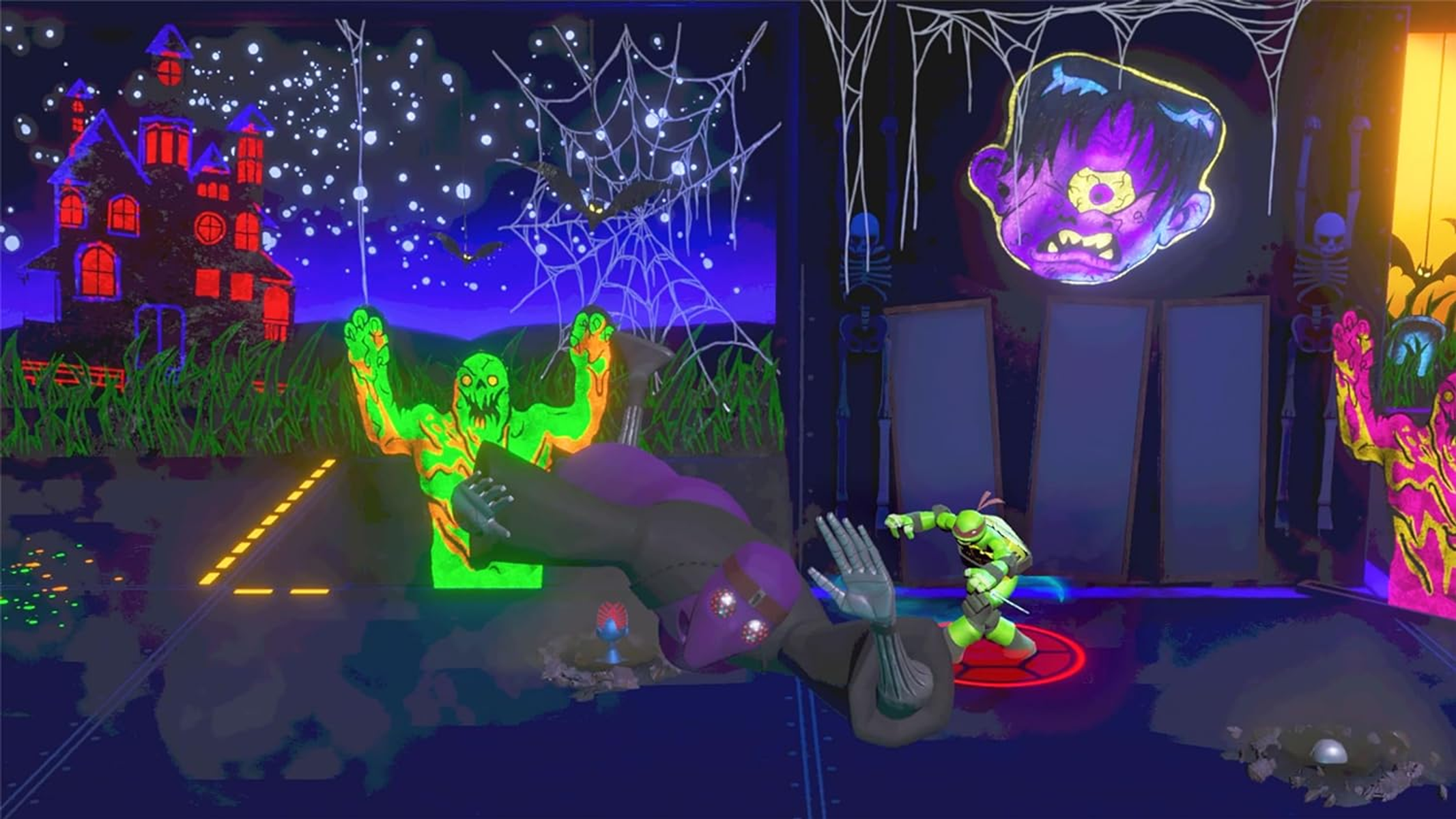 Neonowa scena z postaciami z kreskówek: potworem, żółwiem ninja i nawiedzonym domem.