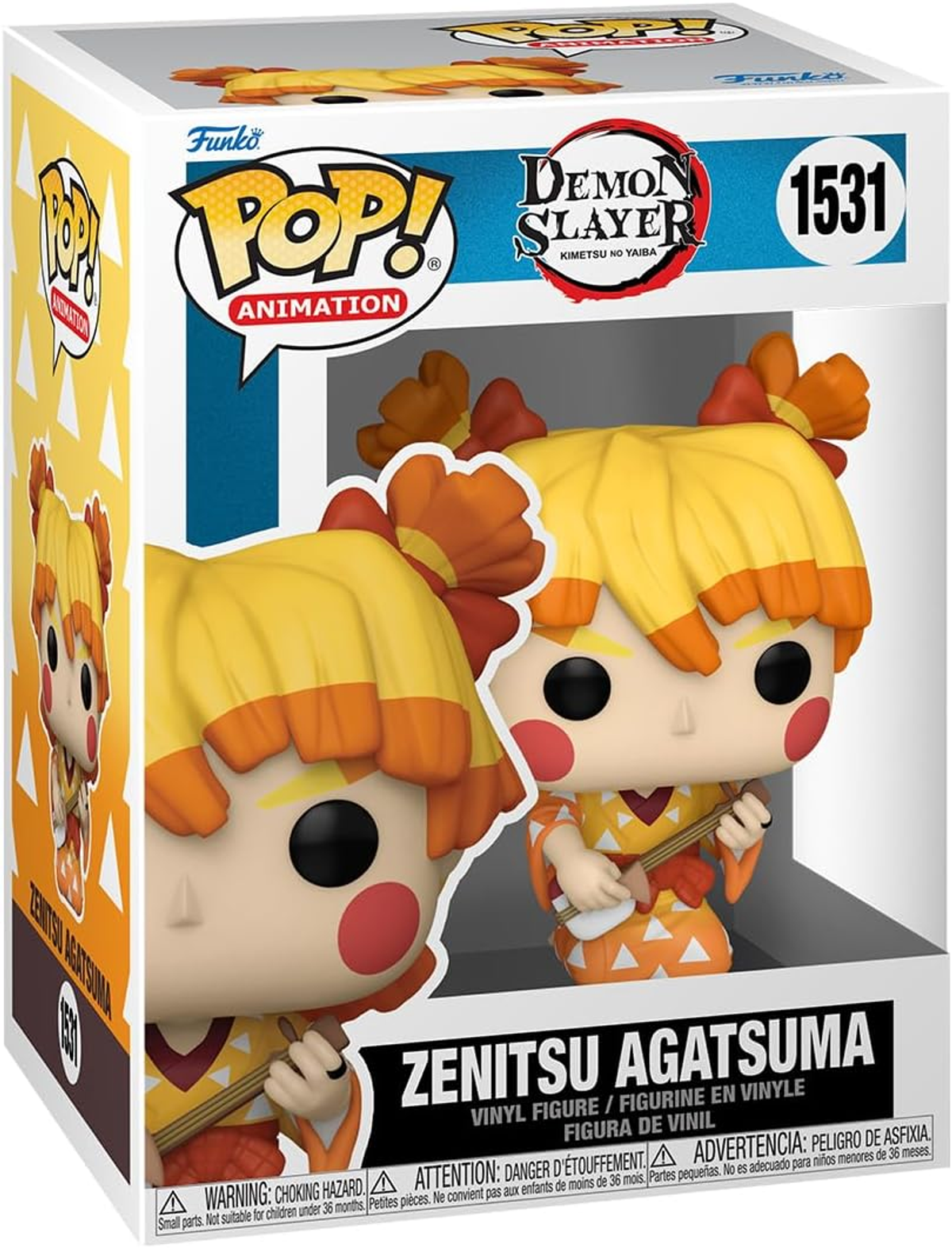 Una caja Funko Pop con una figura de personaje de dibujos animados, con texto y detalles.