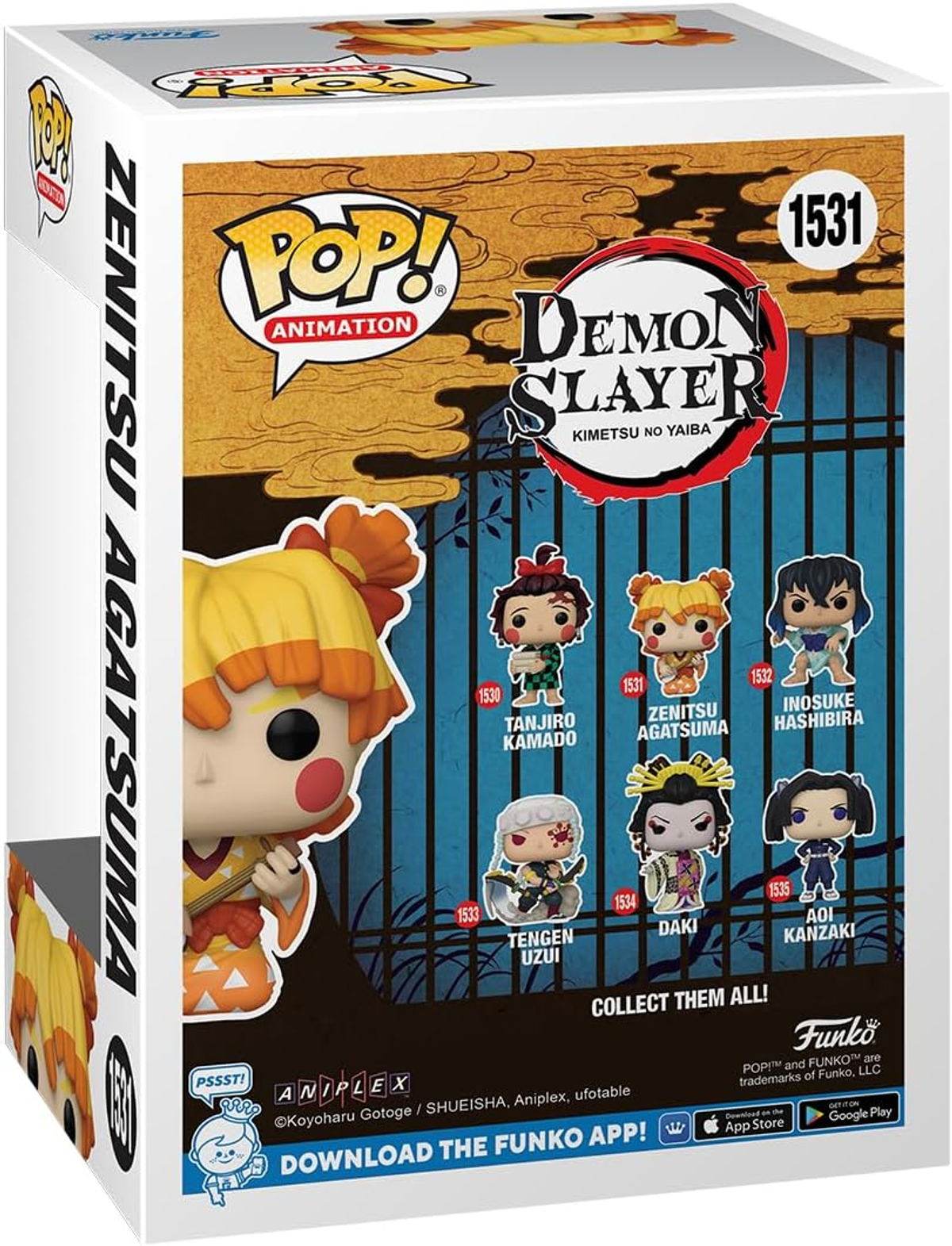 Arte de caja de una figura Funko Pop de Zenitsu Agatsuma, de la serie Demon Slayer.
