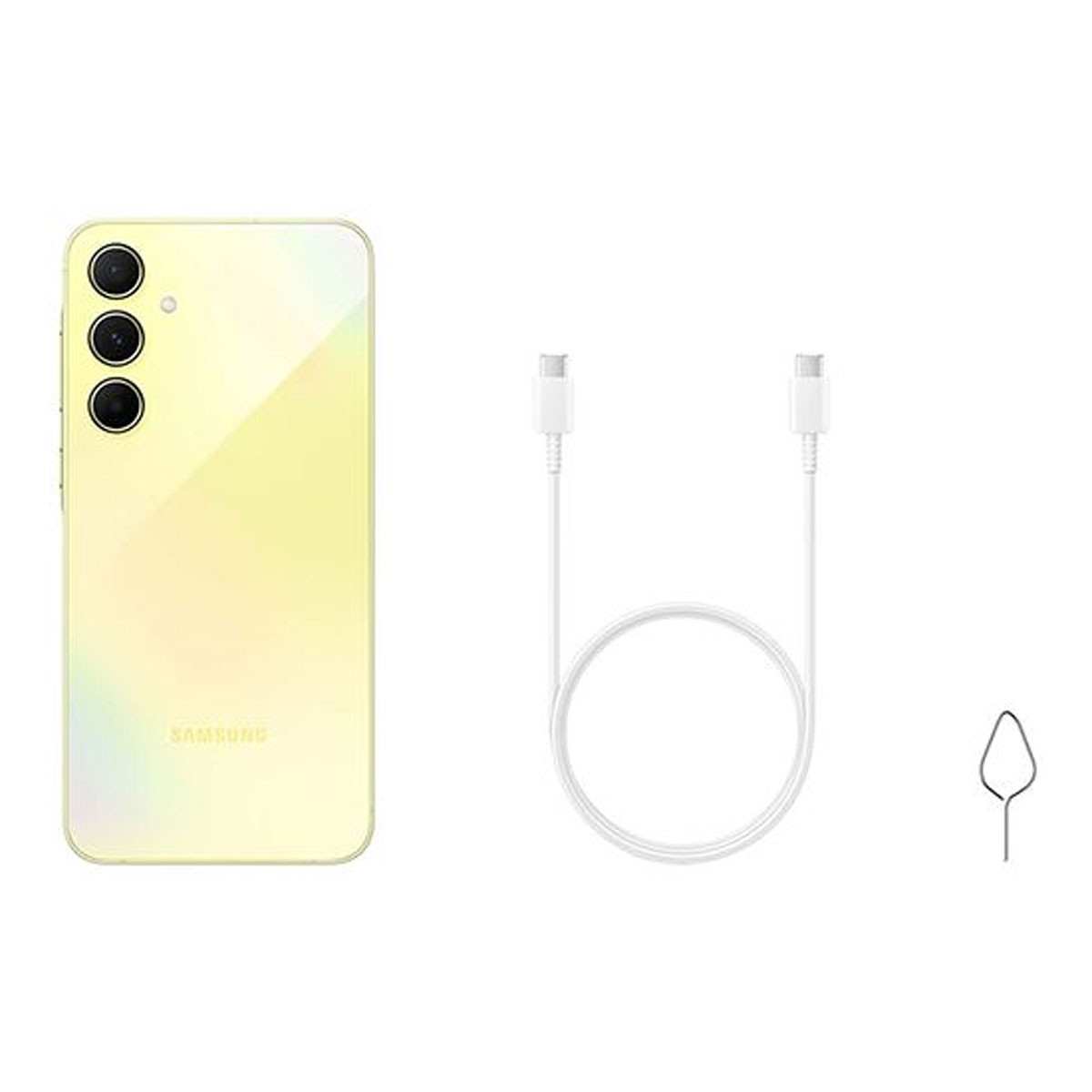 Gelbes Telefon, weißes Kabel und SIM-Auswurfwerkzeug auf weißem Hintergrund.