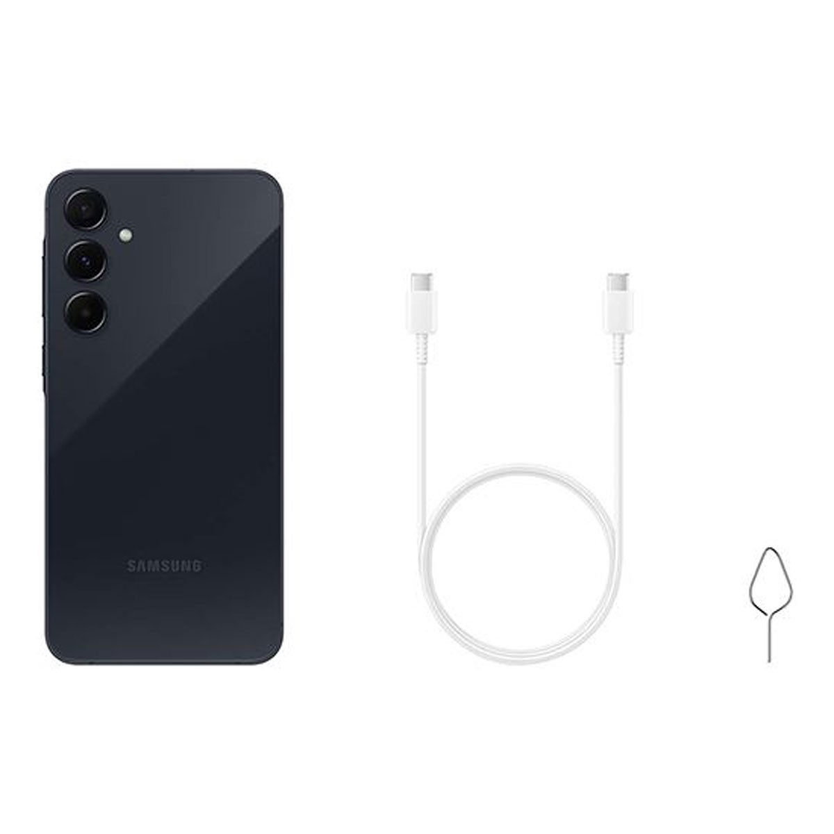 Czarny telefon, kabel USB i narzędzie do wysuwania SIM na białym tle. Widoczny aparat telefonu.