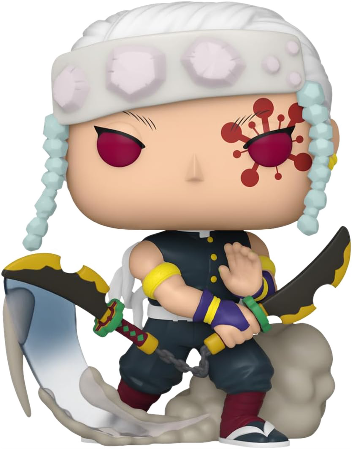 Figura Funko Pop de un personaje de dibujos animados con espadas. Fondo blanco.