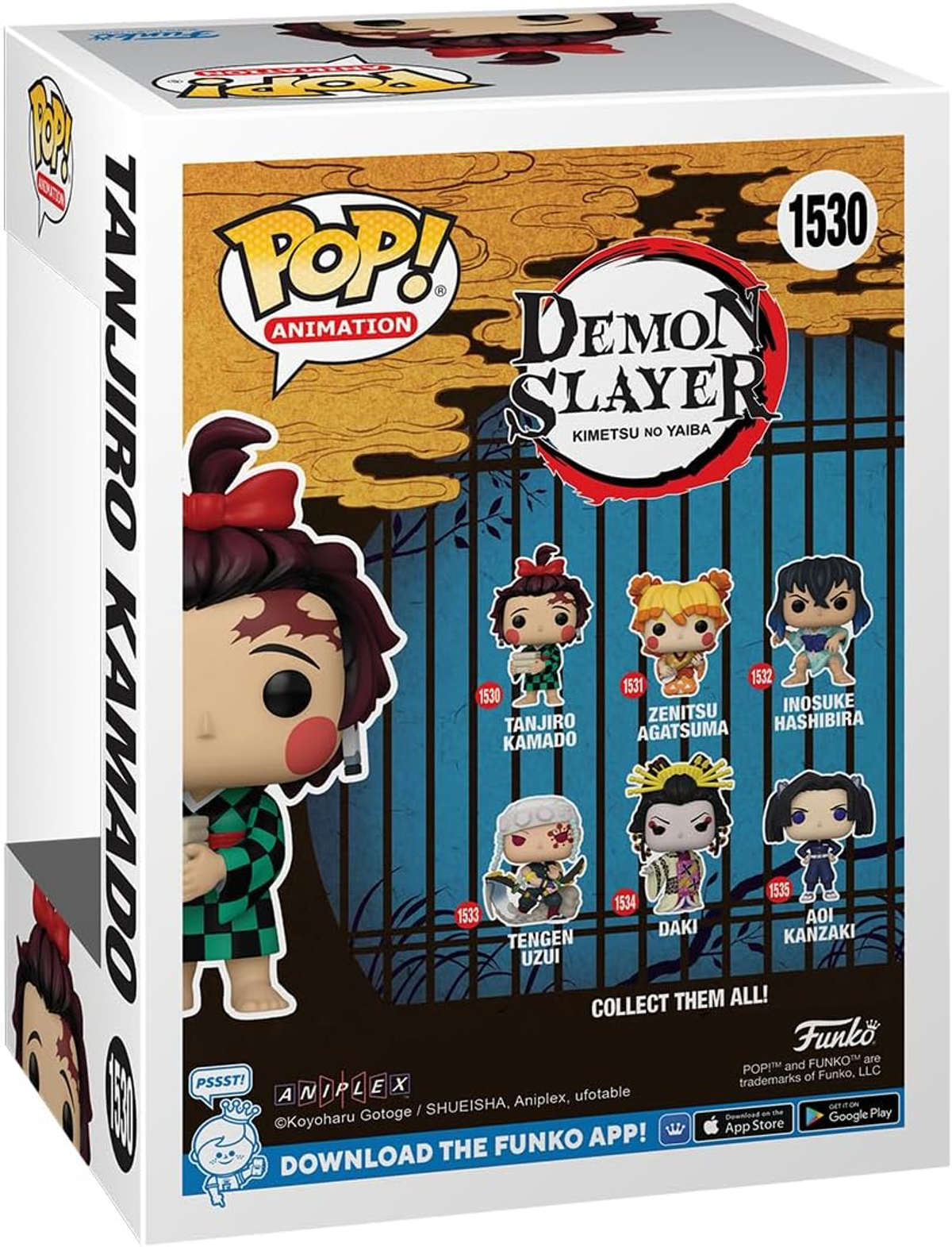 Parte trasera de una caja con figuras de anime. Figura de Tanjiro Kamado en el lado izquierdo de la caja.
