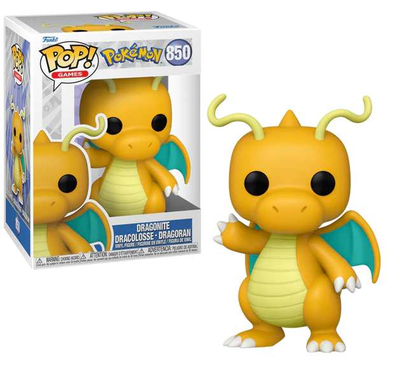 Figura Dragonite Funko Pop con caja, mostrando detalles y la figura.